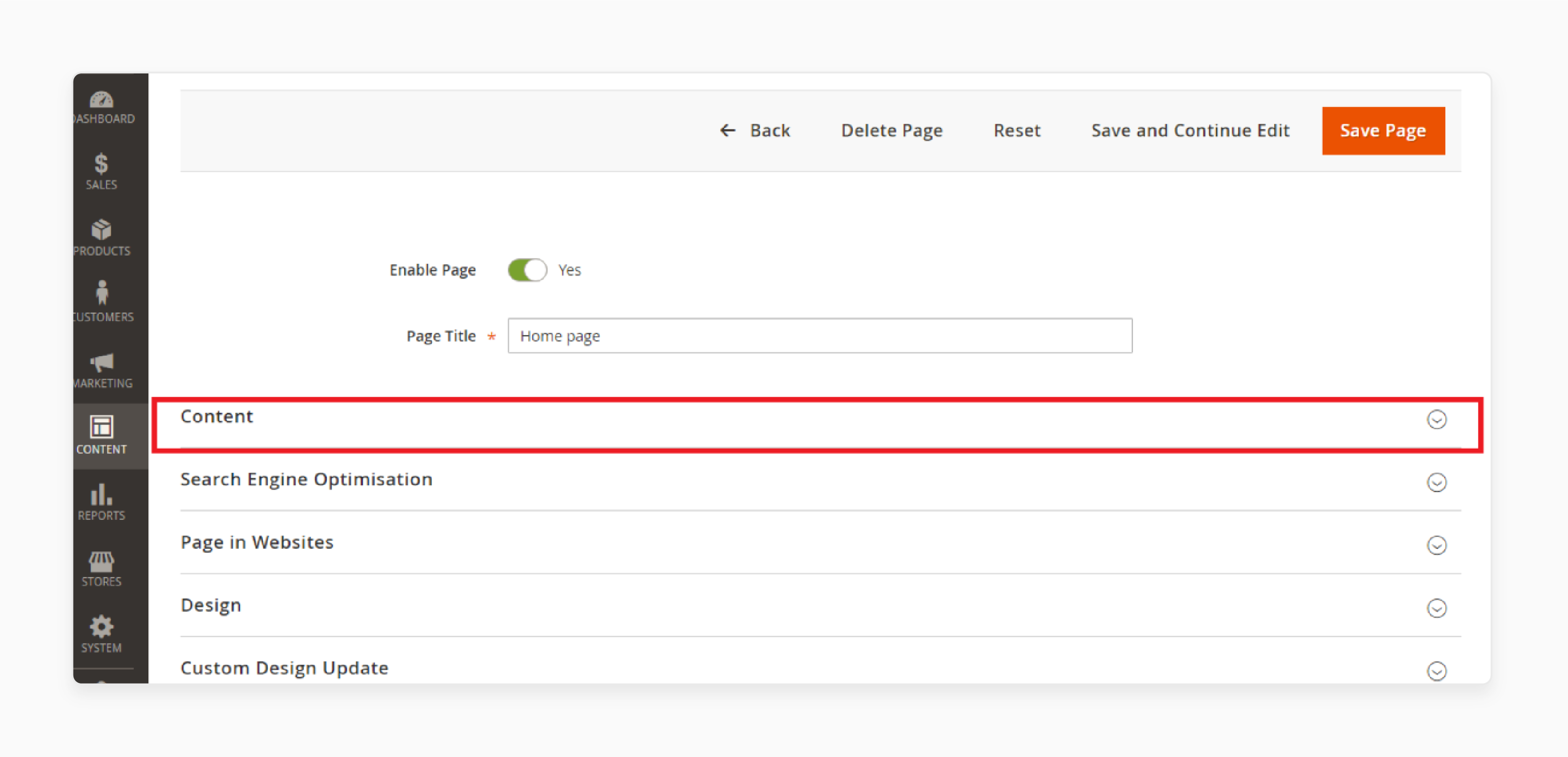 navigating to the Content tab in Magento 2 for homepage page setup