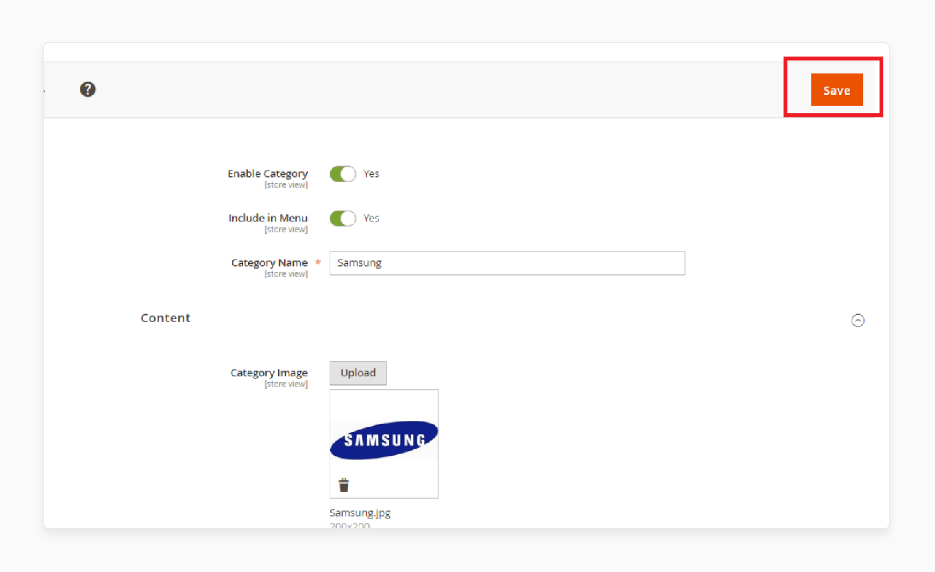 configuring the Samsung category in Magento 2 with category image and name