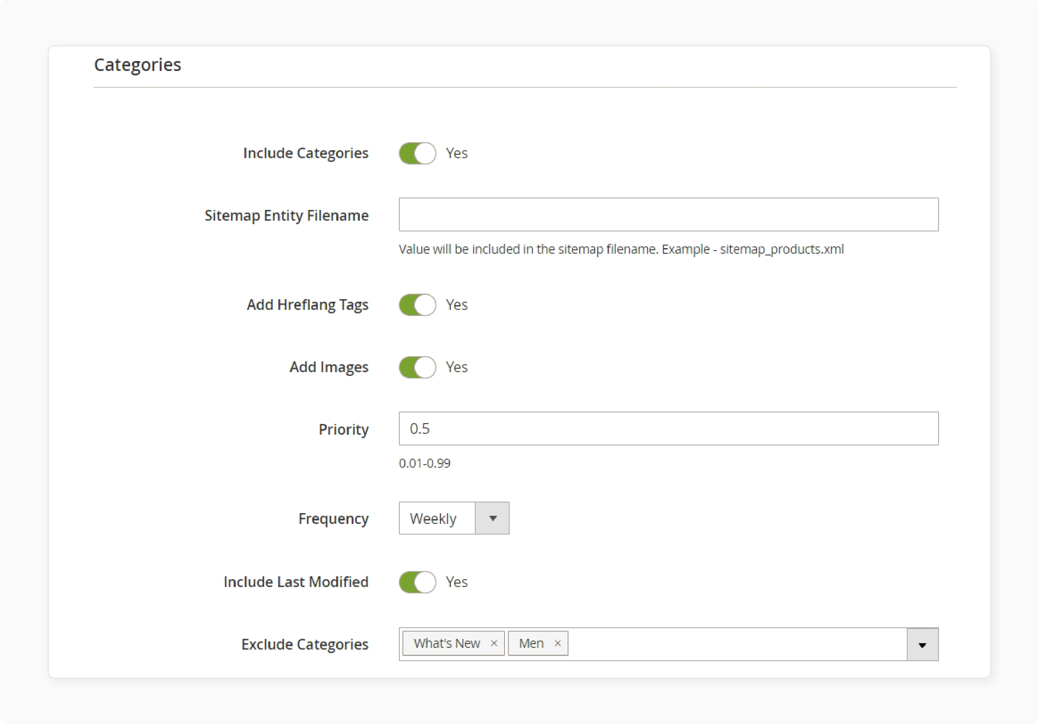 Configure categrories tab in Magento seo sitemap settings