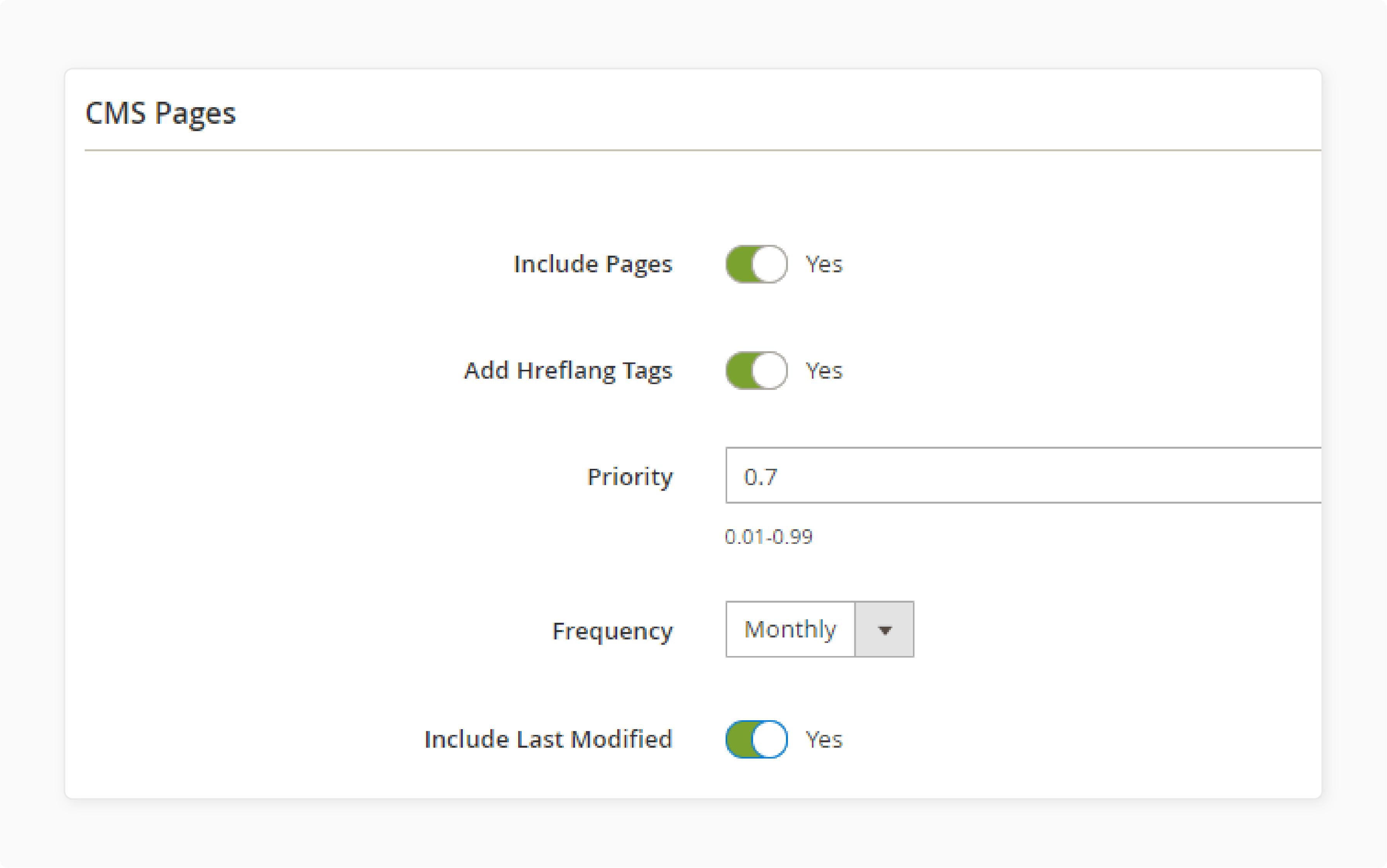 Configure CMS tab in Magento seo sitemap settings