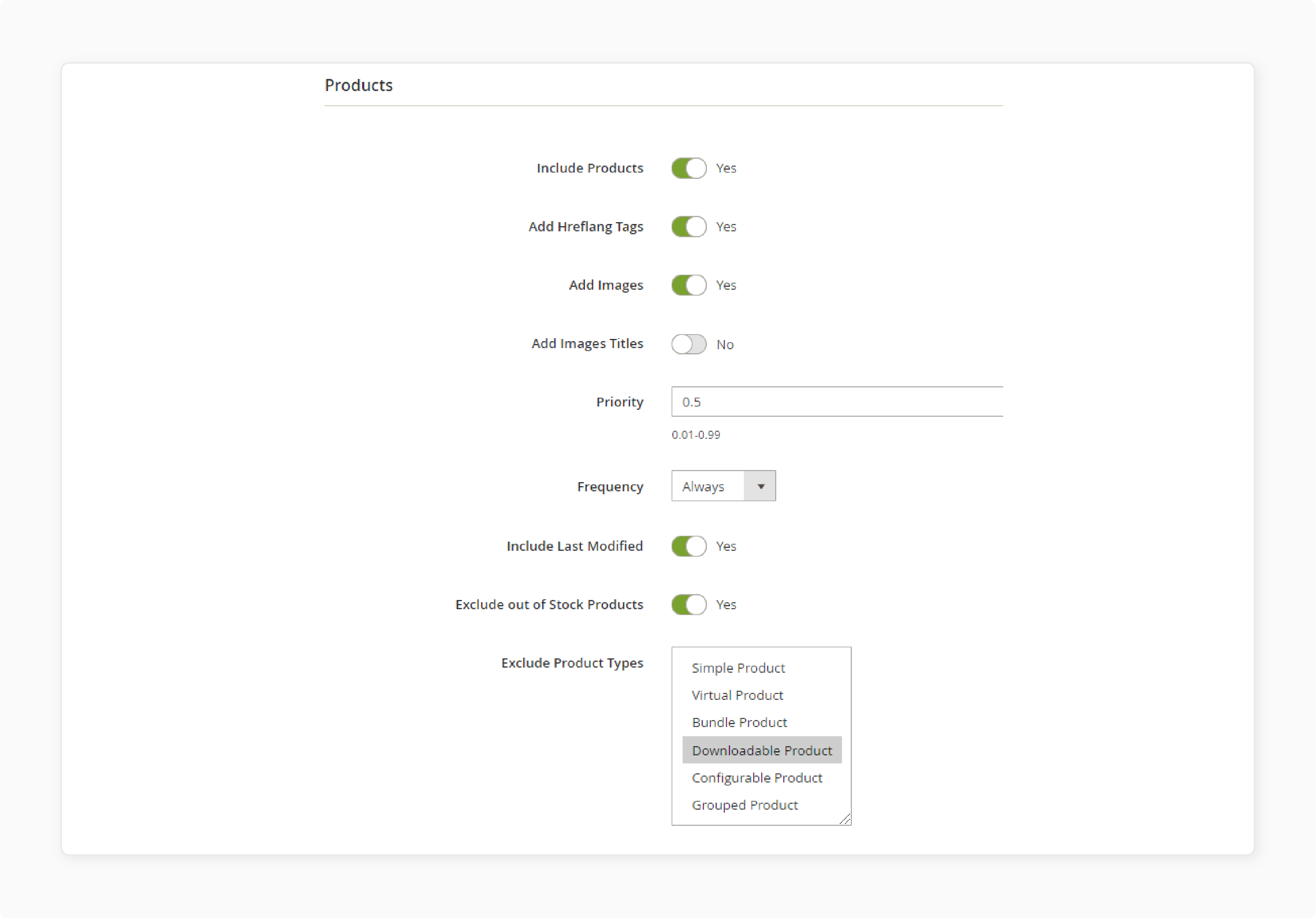 Configure products tab in Magento seo sitemap settings