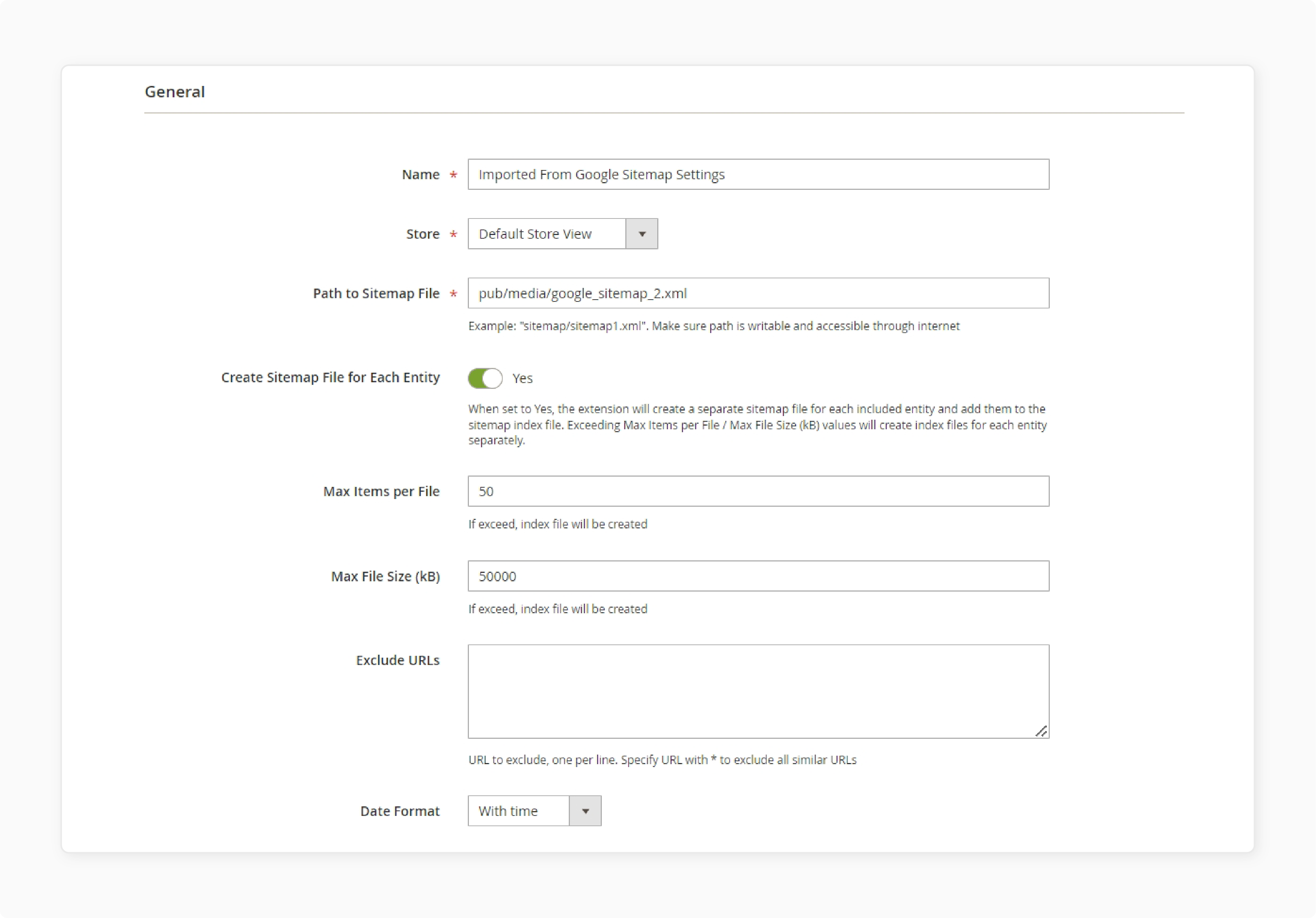 Enter name and store in Magento SEO sitemap settings