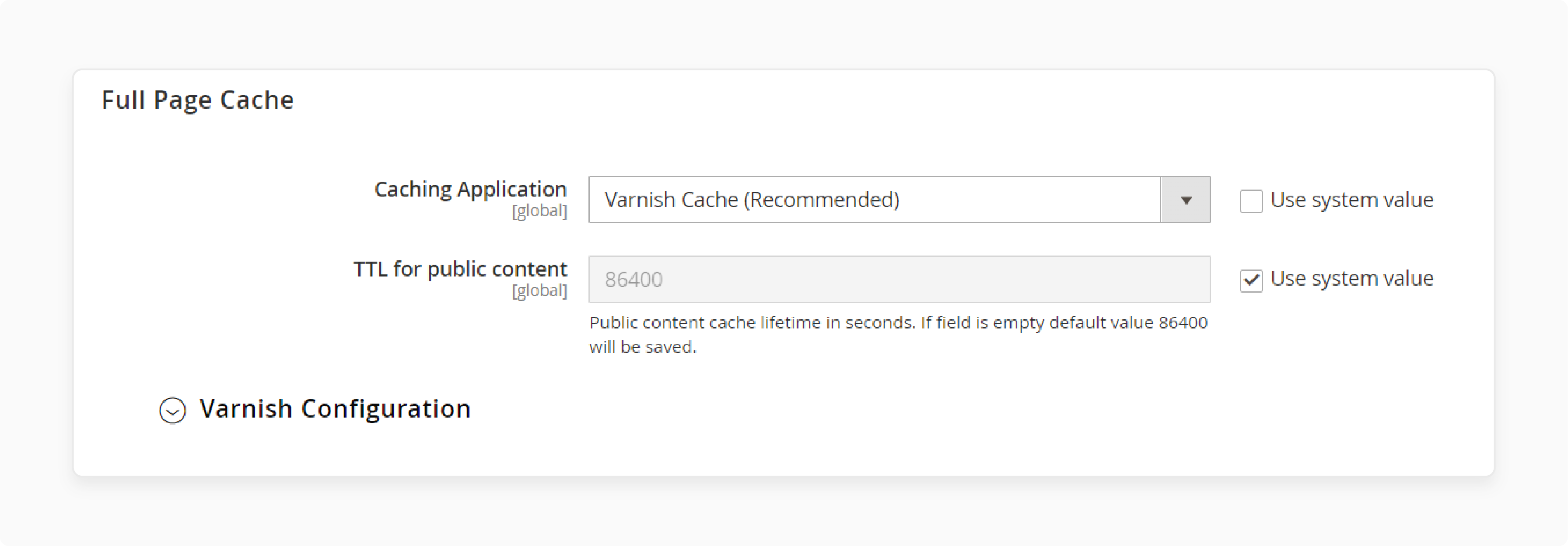 Magento 2 configuration settings for built-in full page cache with Varnish Cache