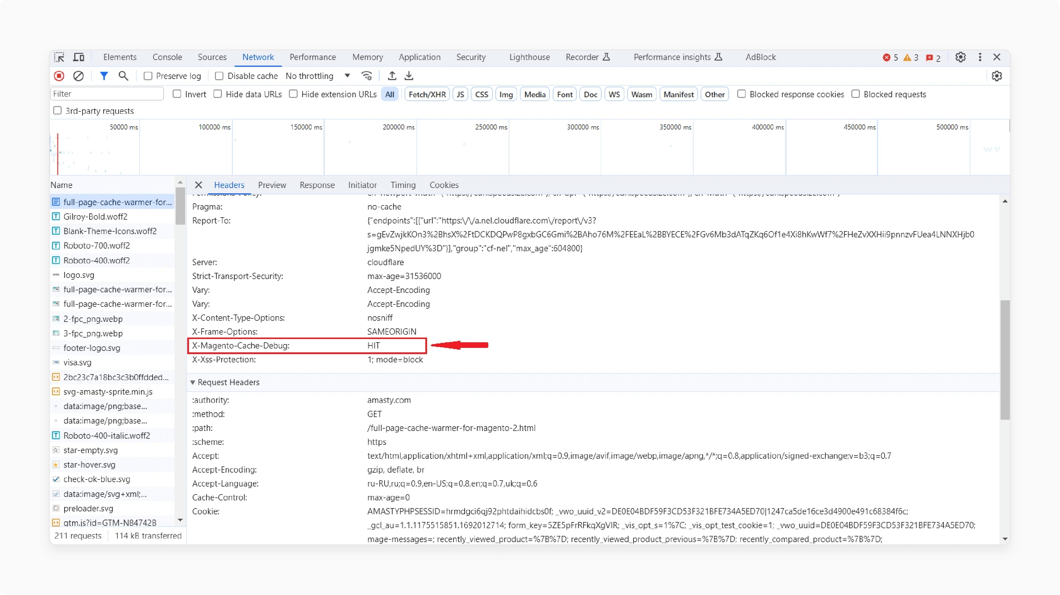 Magento 2 full page cache debugging with X-Magento-Cache-Debug header showing cache hit