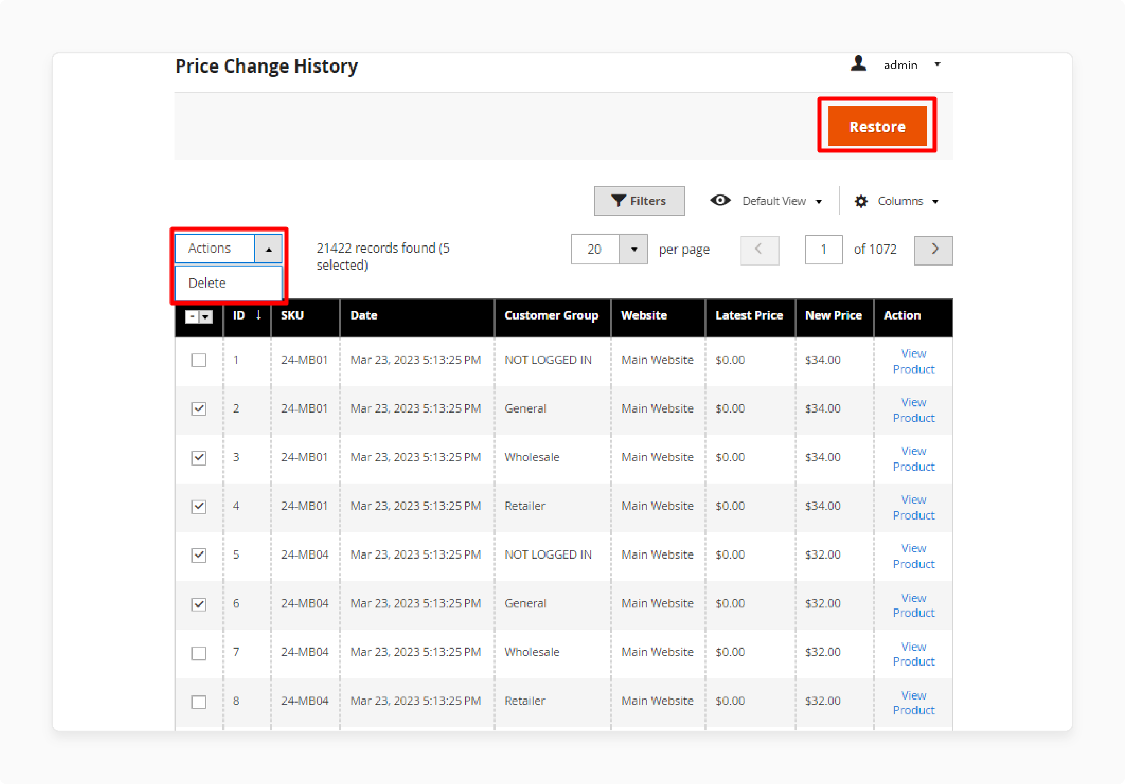 Delete price history in the Magento 2 omnibus extension