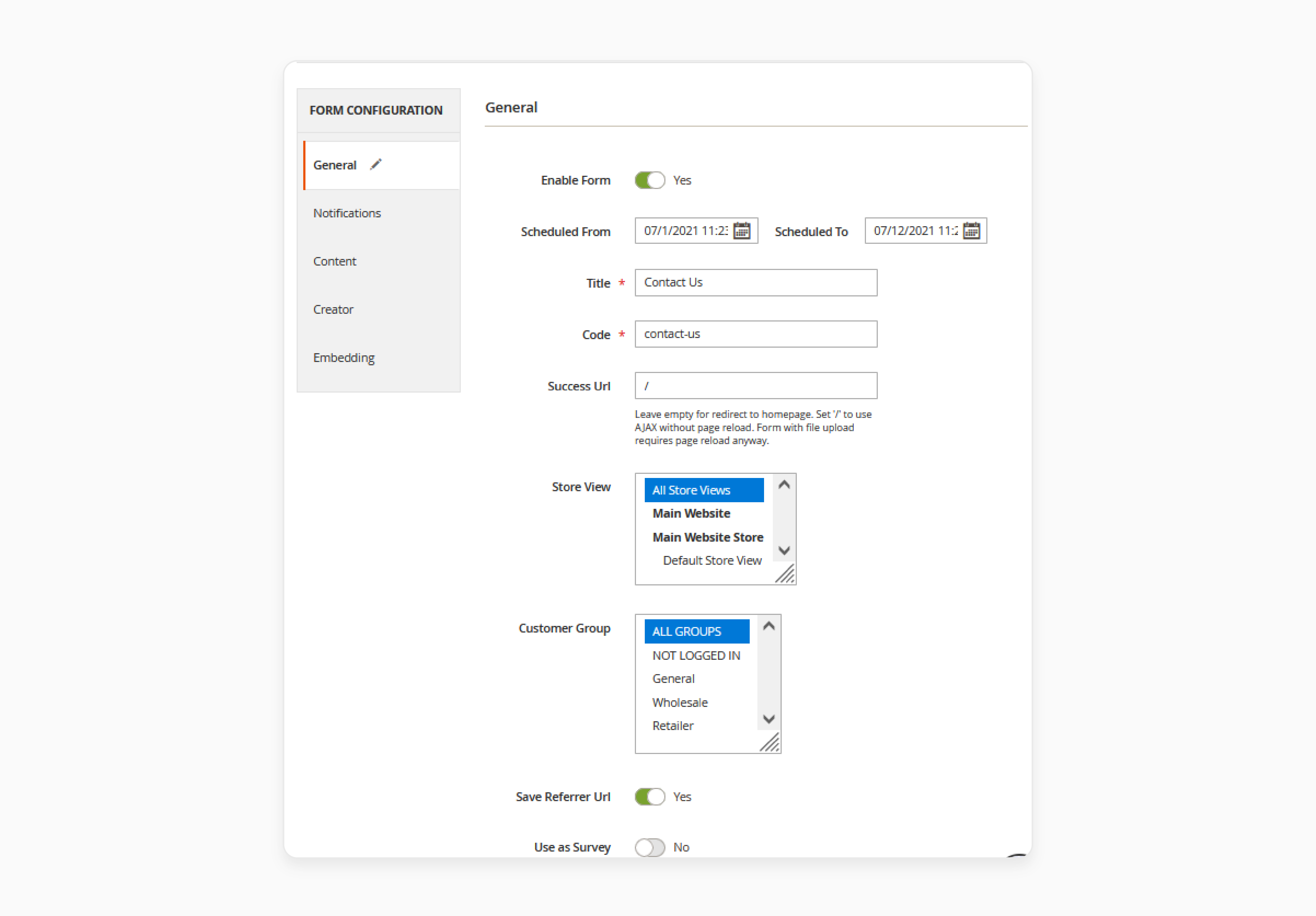 Entering general form details in Magento 2 Custom Contact Forms Extension