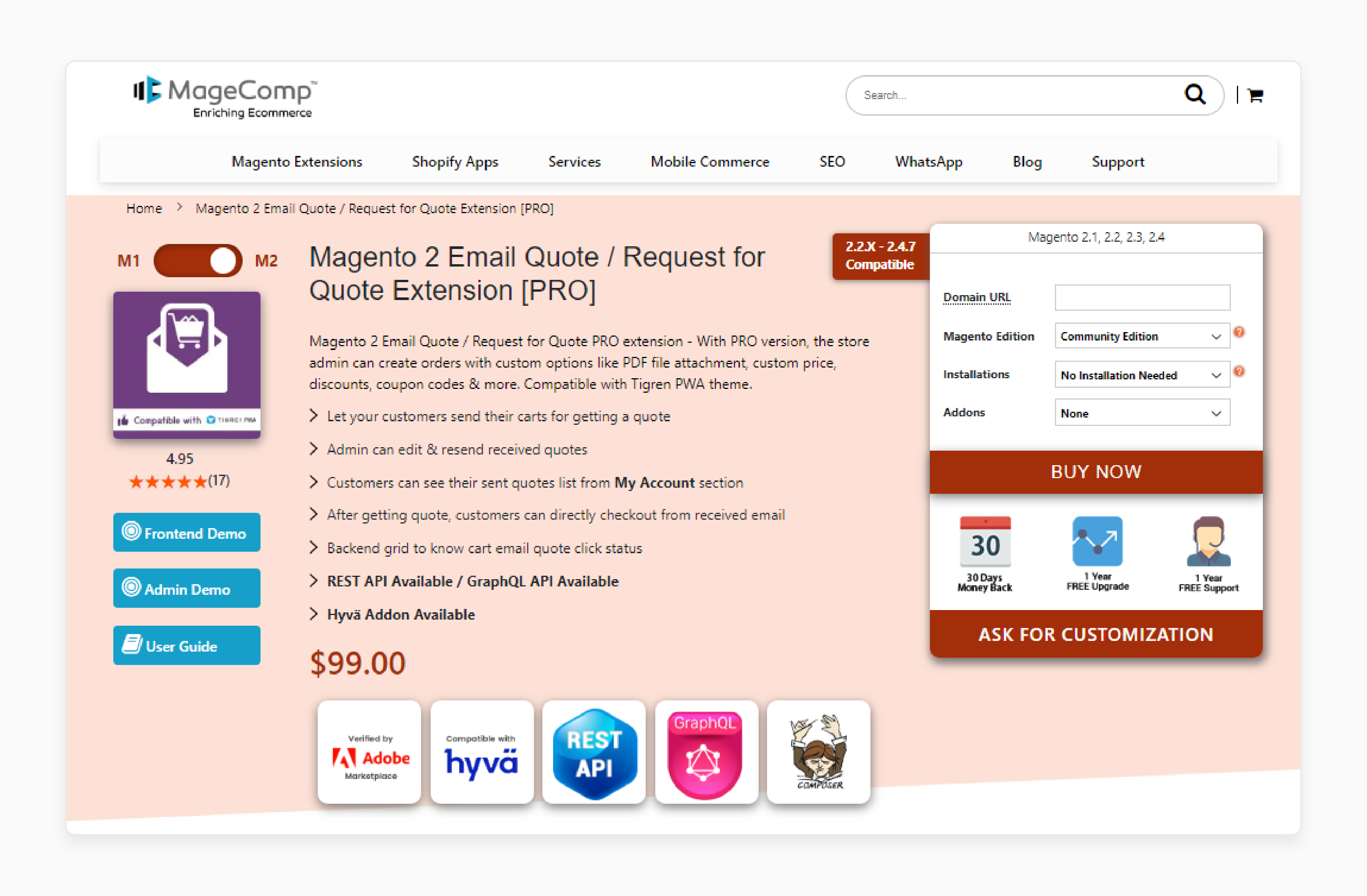 Dashboard of Magento 2 Quote PRO version by MageComp