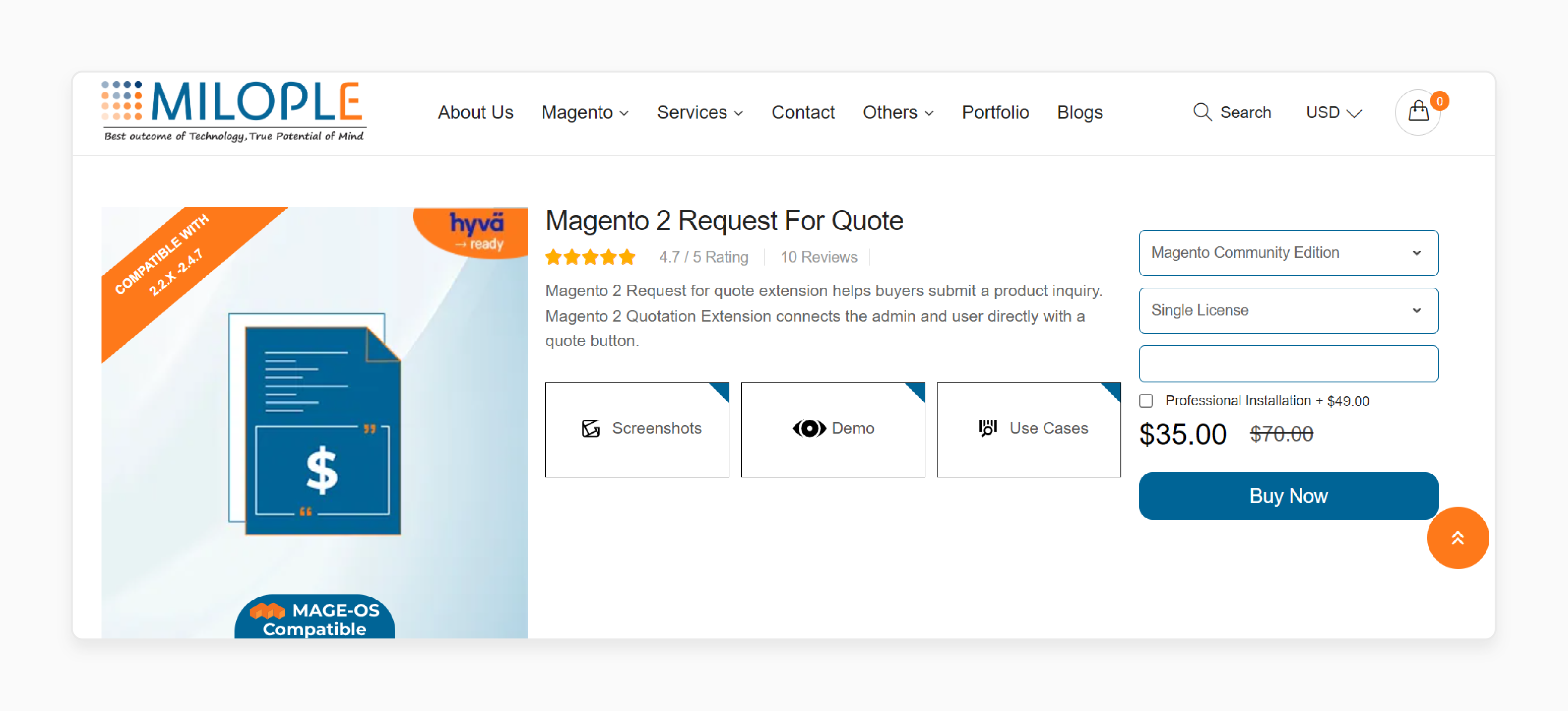 Milople Magento 2 Request for Quote interface showcasing features