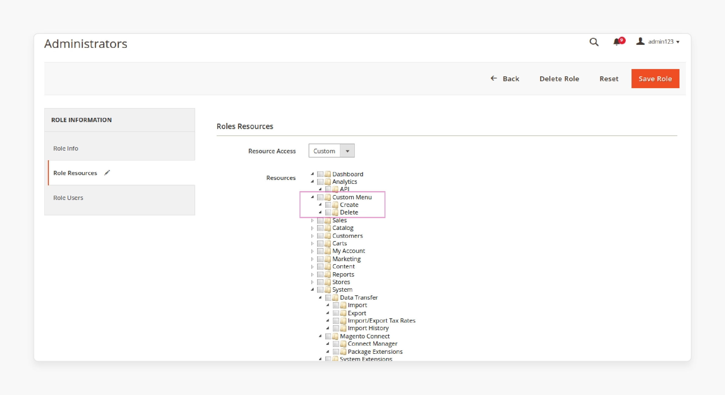 configuring custom roles for admin users in Magento 2 using ACL rules