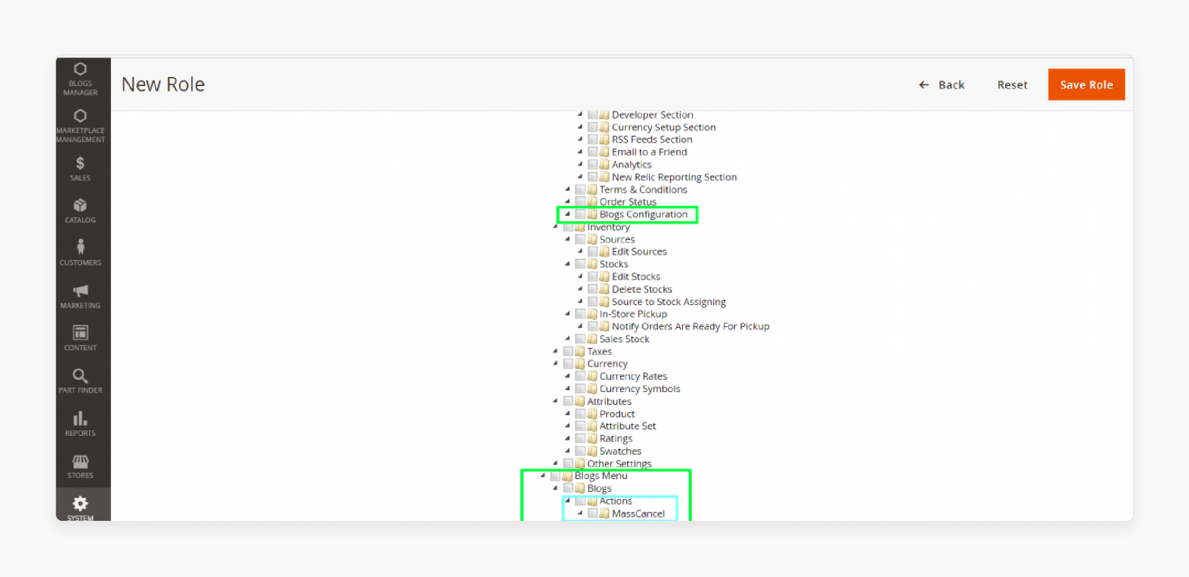 new role ACL actions setup for enhanced access control in Magento 2