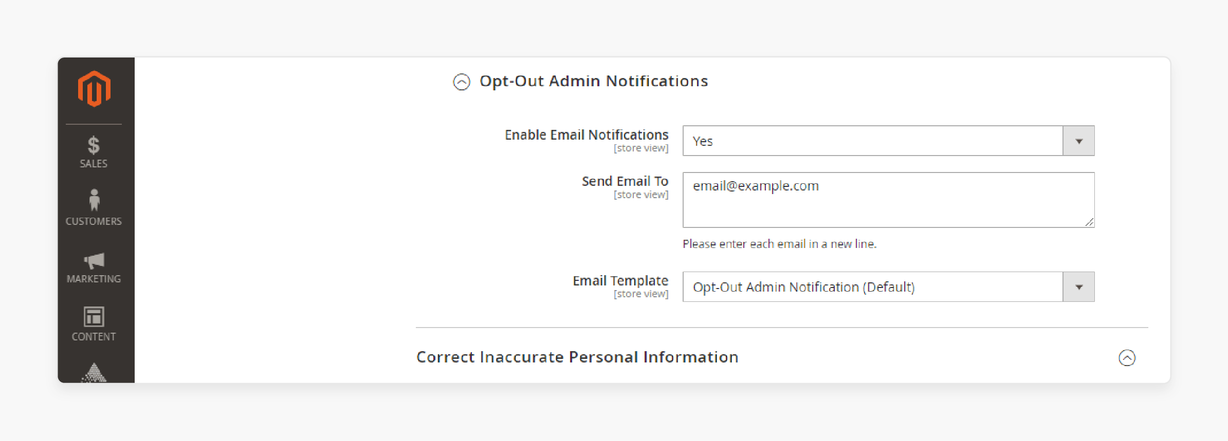 Navigate to Opt-Out Admin Notifications section