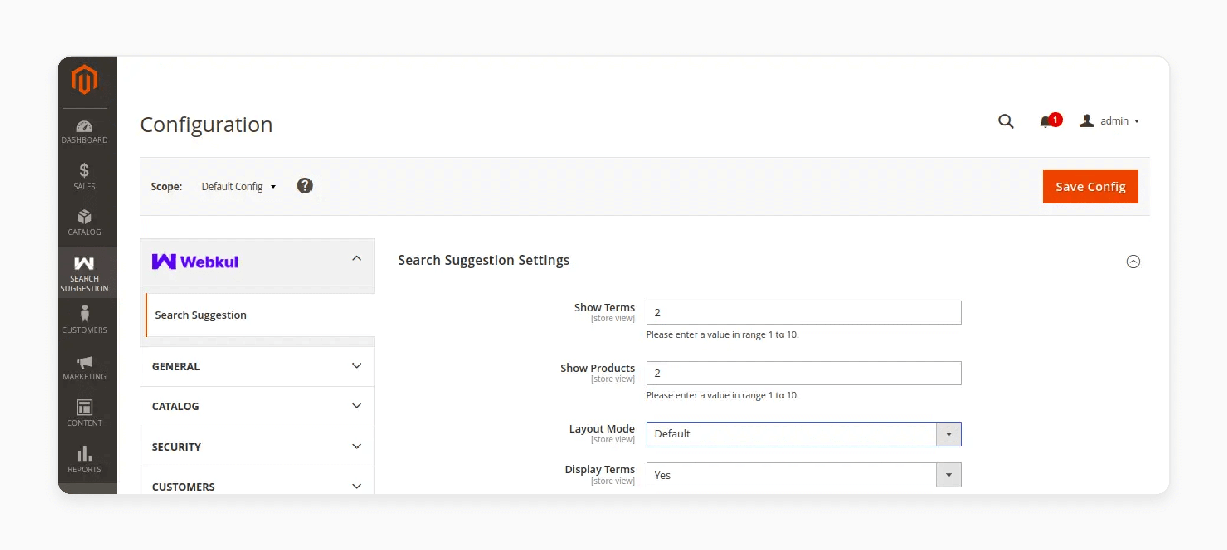 search module configuration settings for Magento 2 autocomplete extension