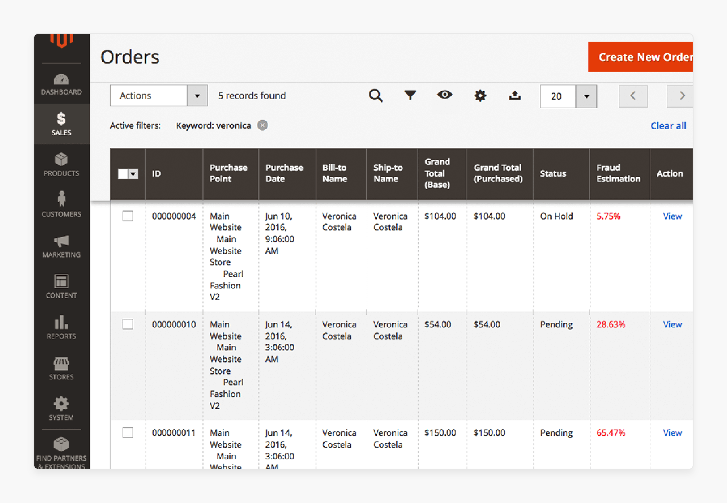 magento maxmind fraud detection results, showing flagged transactions with risk scores and order status updates