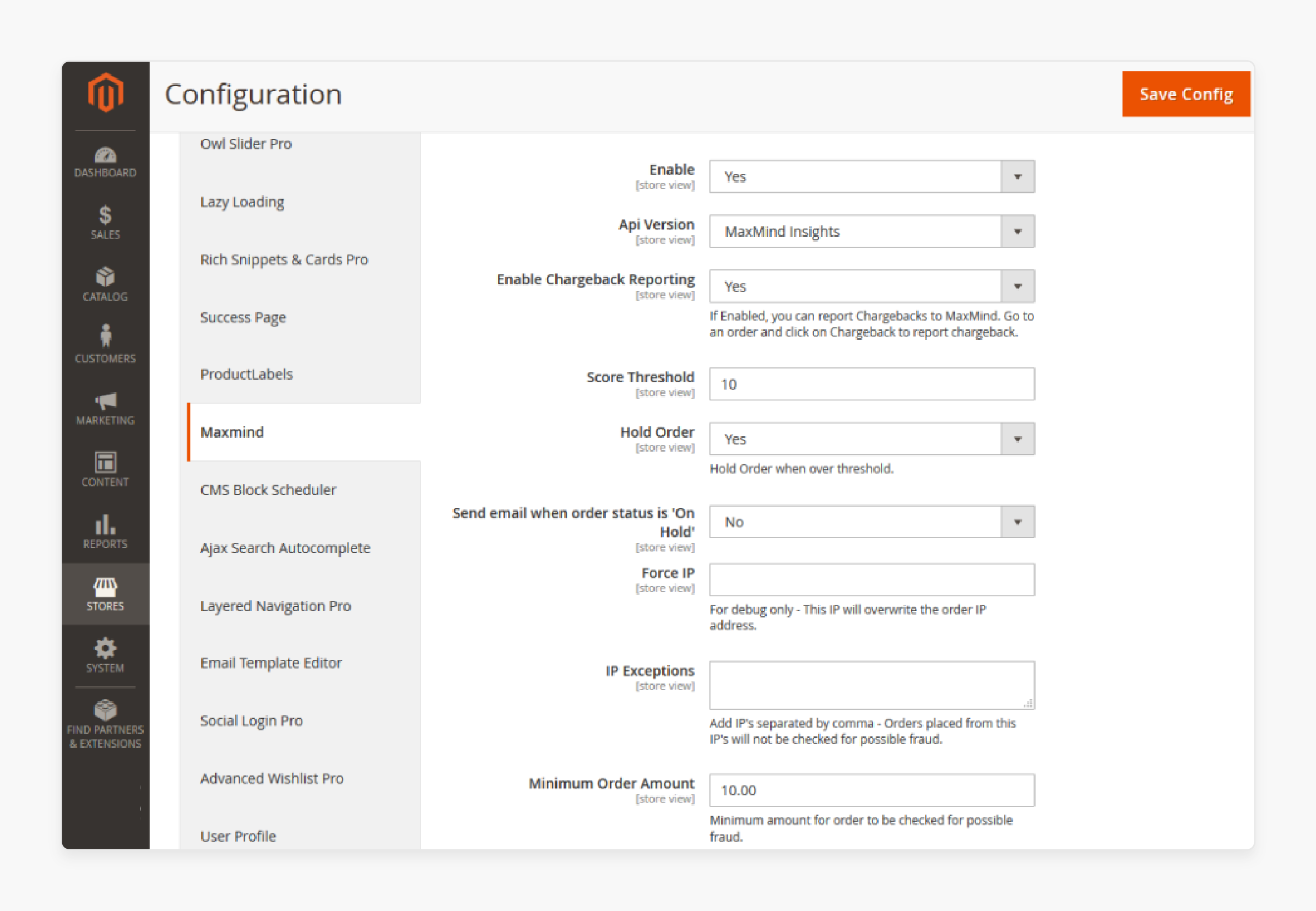 magento maxmind settings panel with options to customize fraud detection rules and thresholds