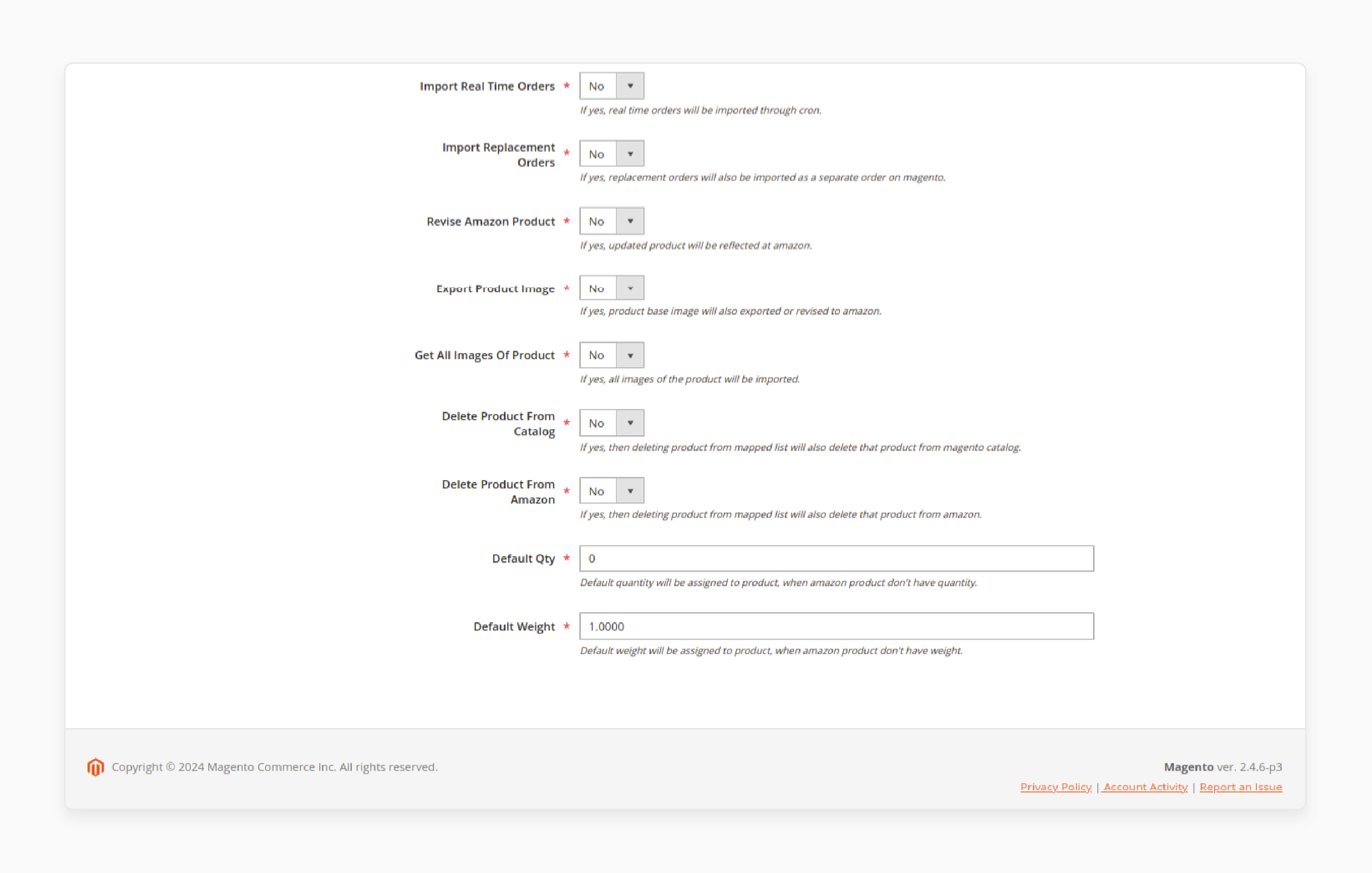 additional configuration settings for Magento 2 Amazon integration such as default category and store view