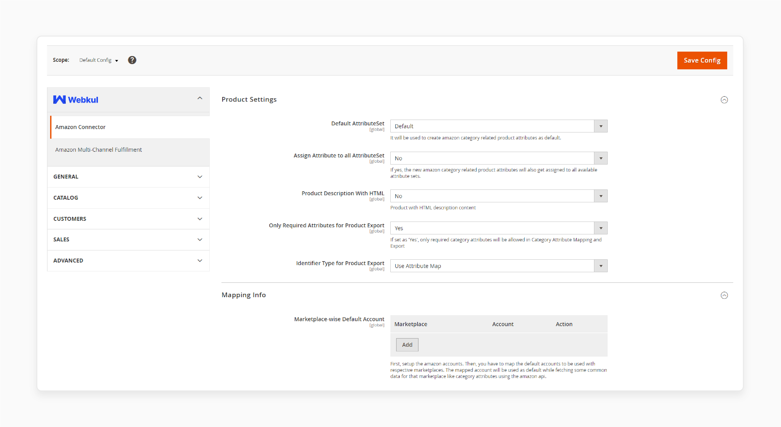 integration of Amazon with Magento 2 during module configuration with product settings and mapping