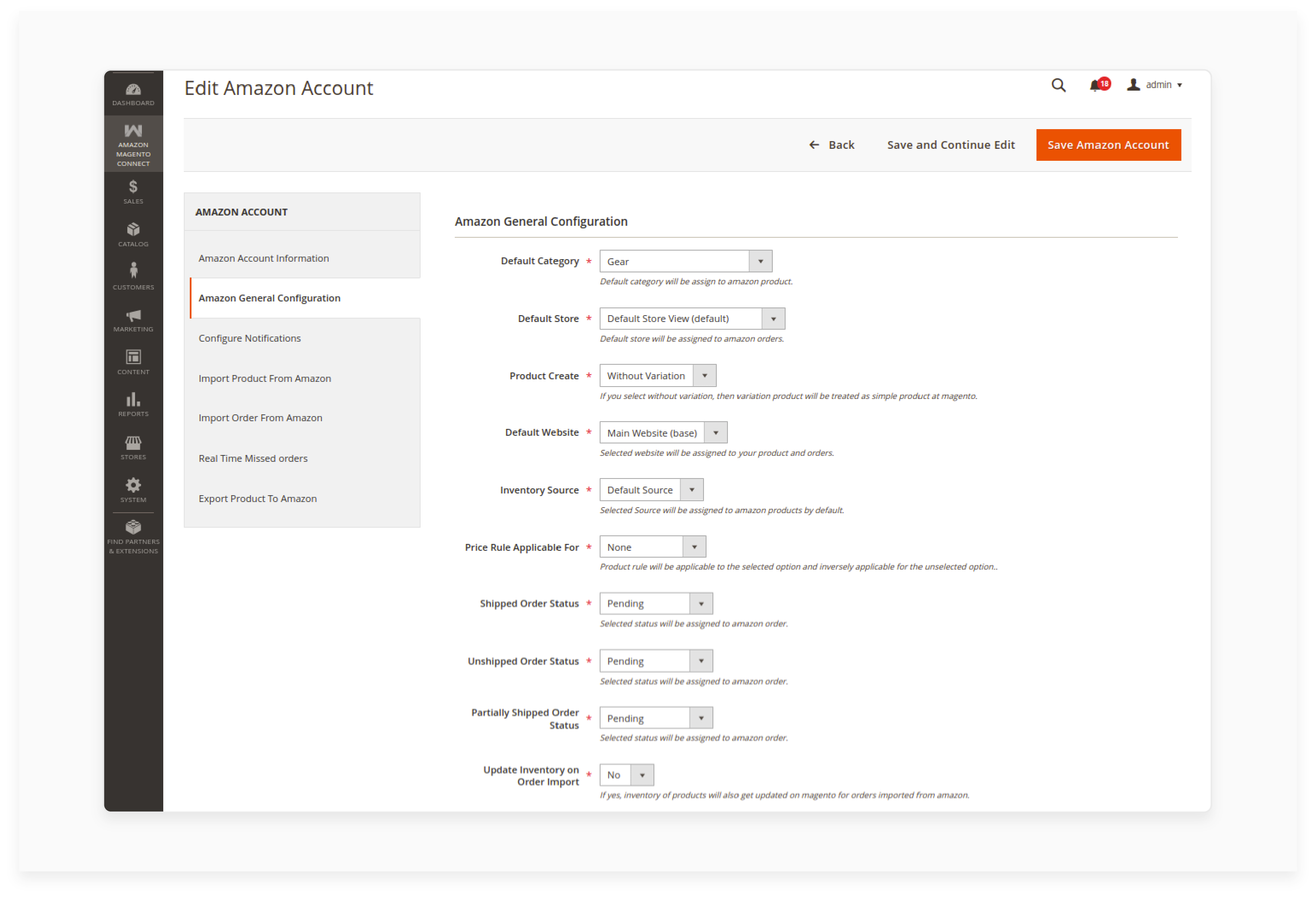 general configuration settings for Magento 2 Amazon integration, including inventory source and price rules