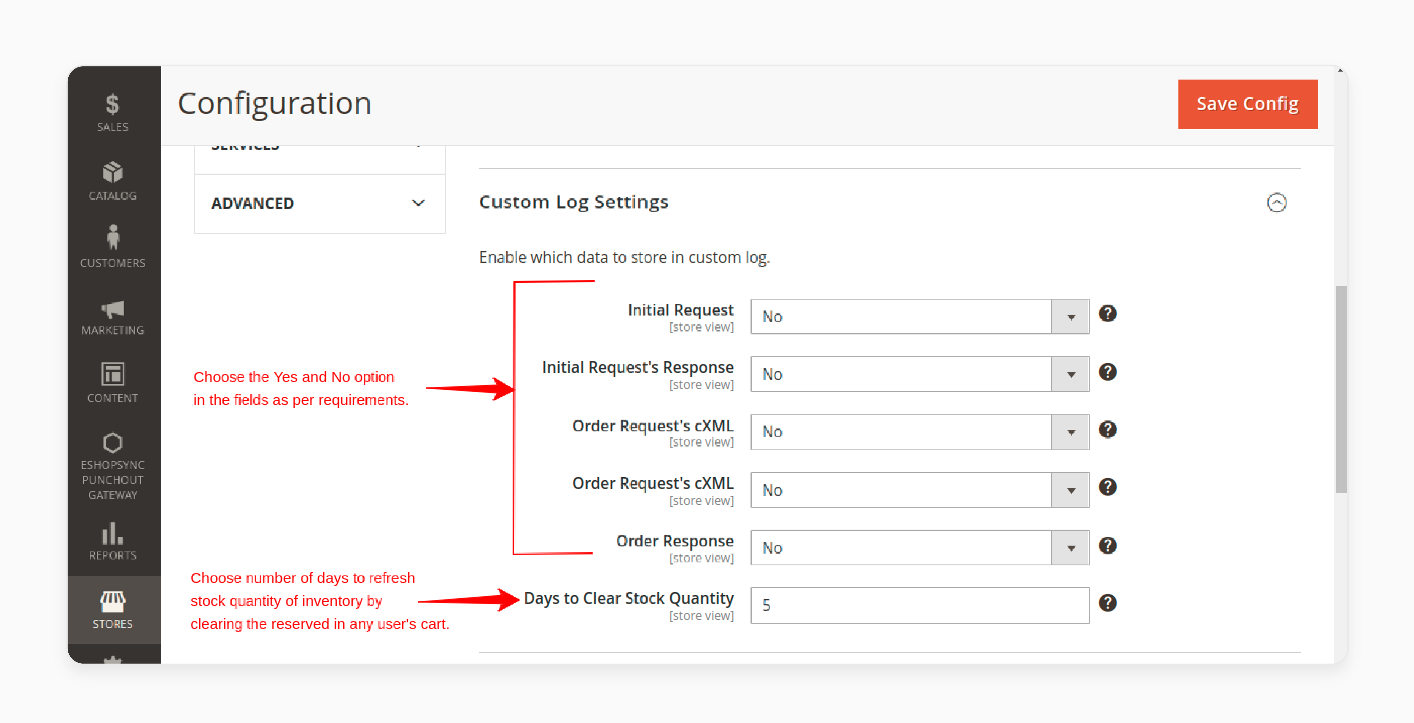 Custom Log settings Magento Punchout extension