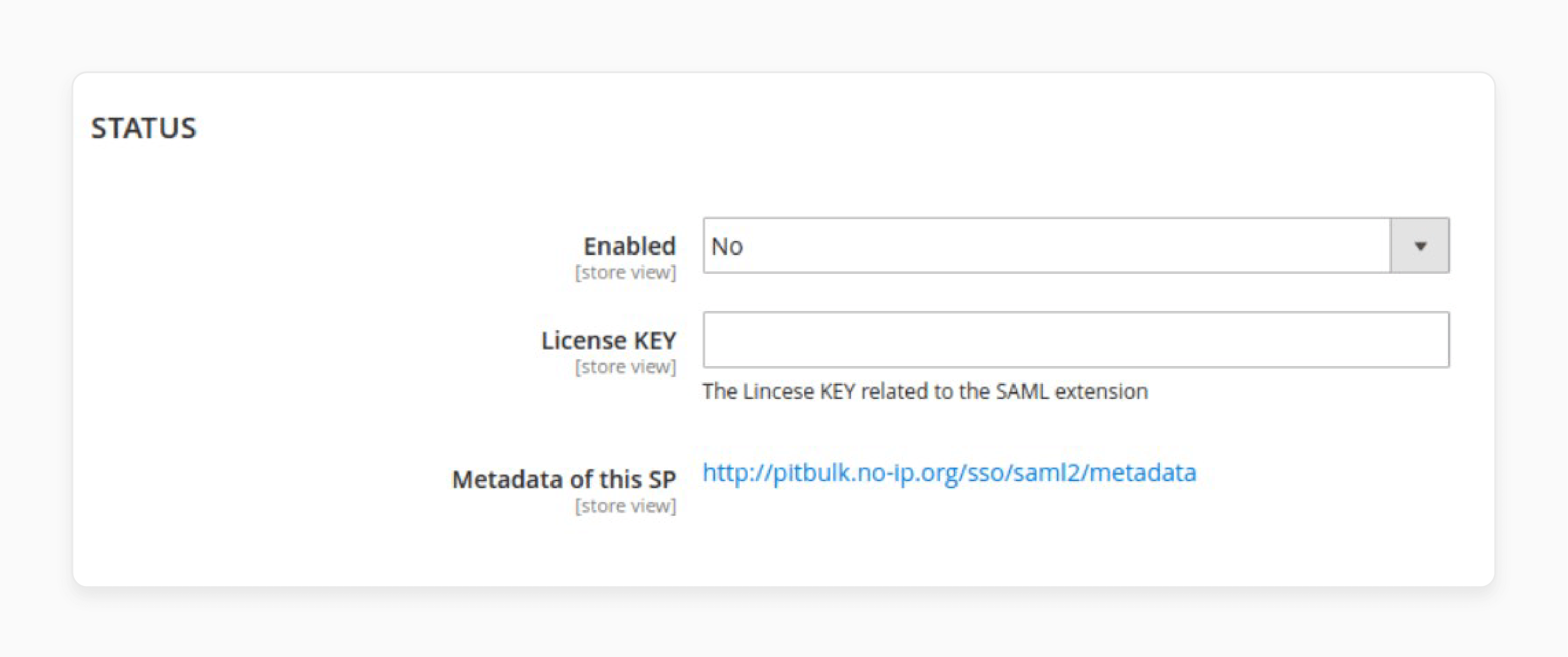 Magento 2 SSO status settings configuration panel for enabling SAML integration