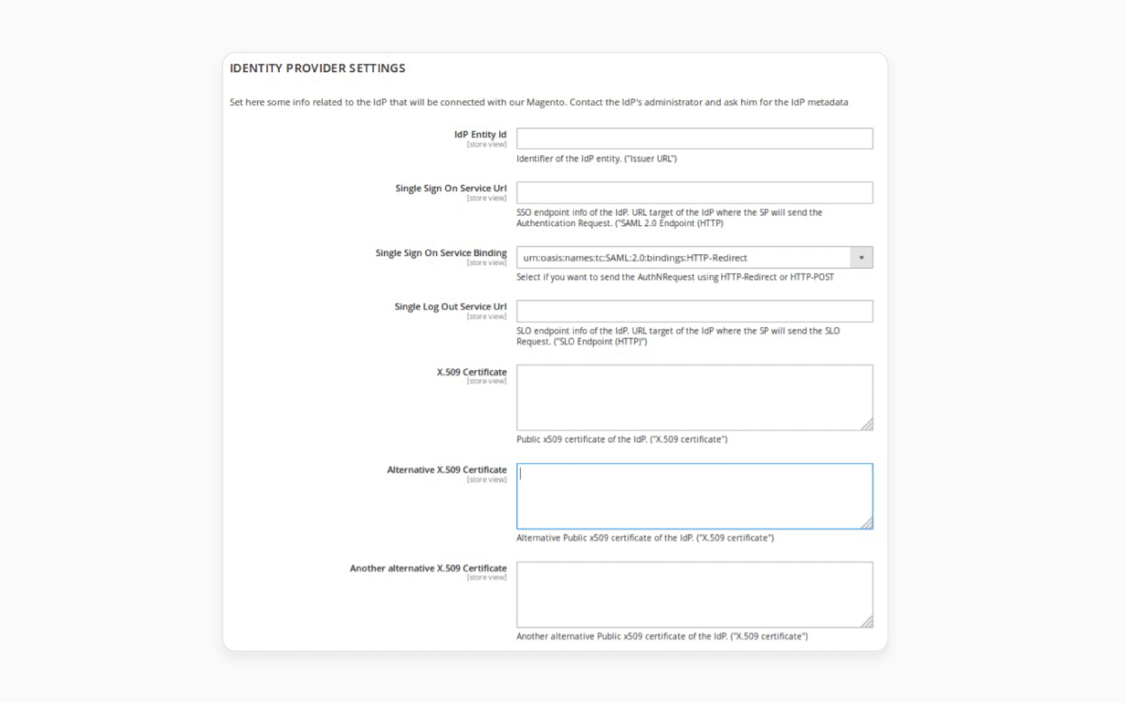 identity provider settings in Magento 2 SSO for configuring SAML SSO services