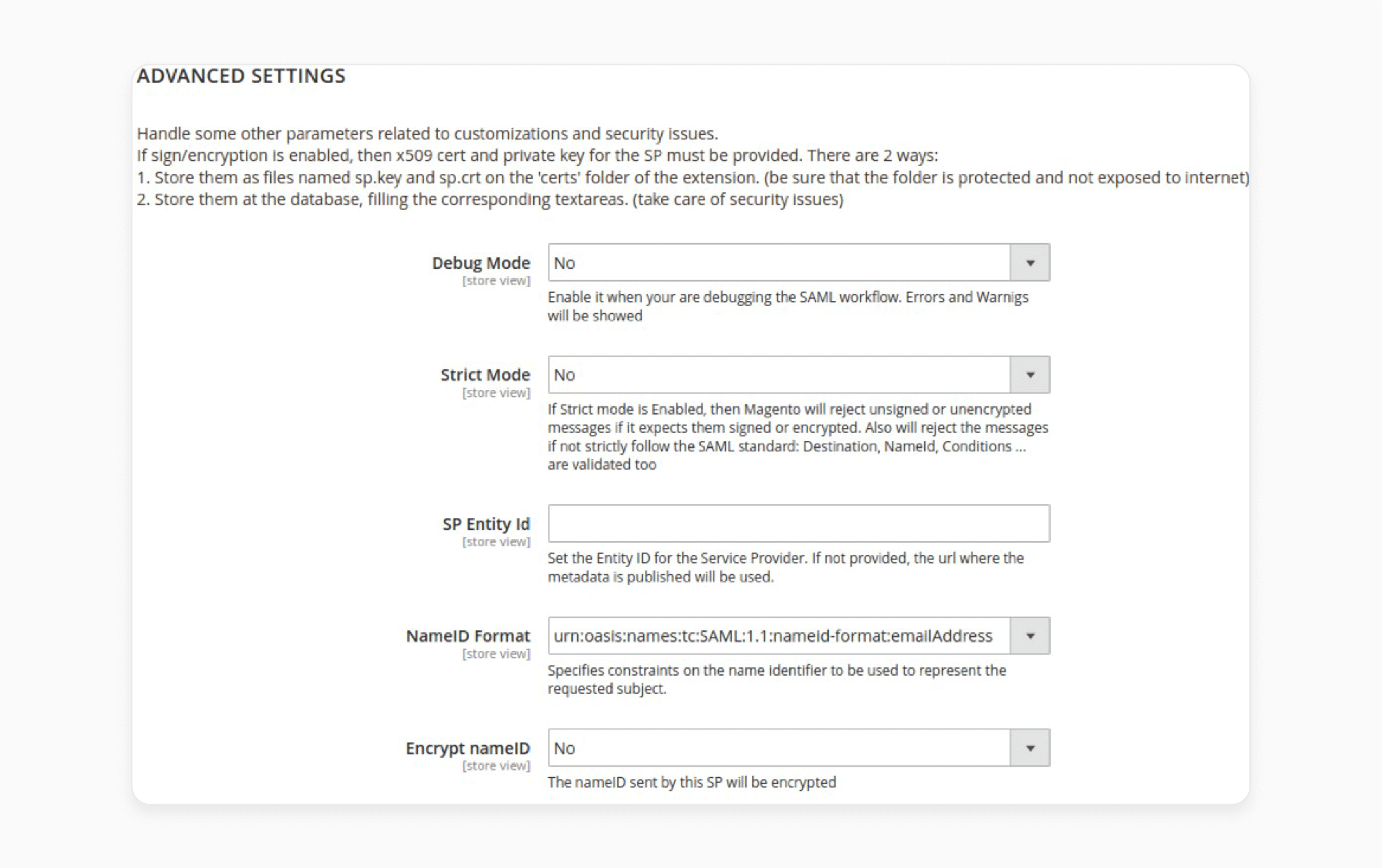 advanced settings in Magento 2 SSO including debug mode and strict mode configurations.