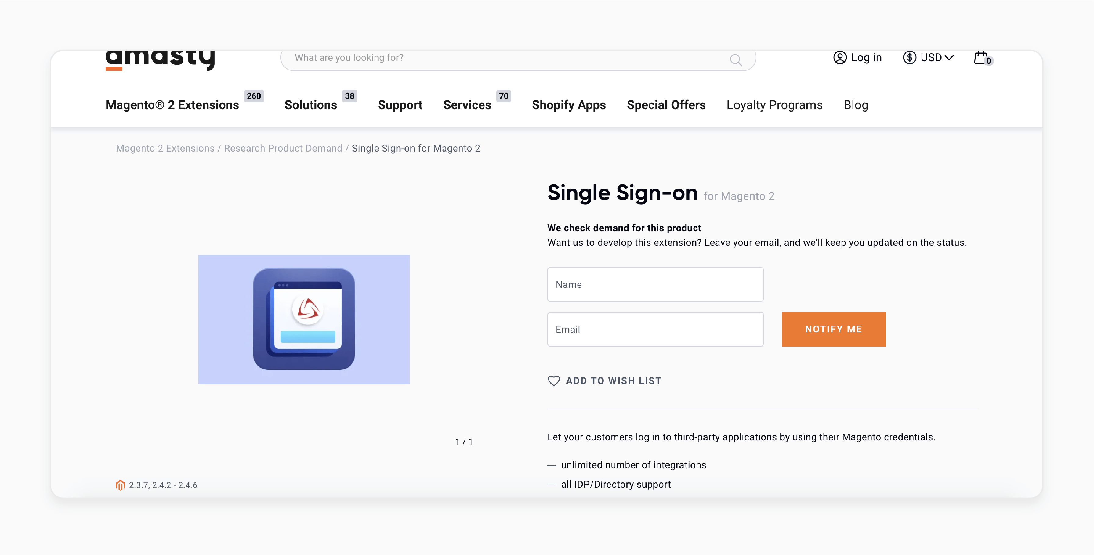 Magento 2 Single Sign-On extension overview featuring unlimited integrations and IDP support by Amasty