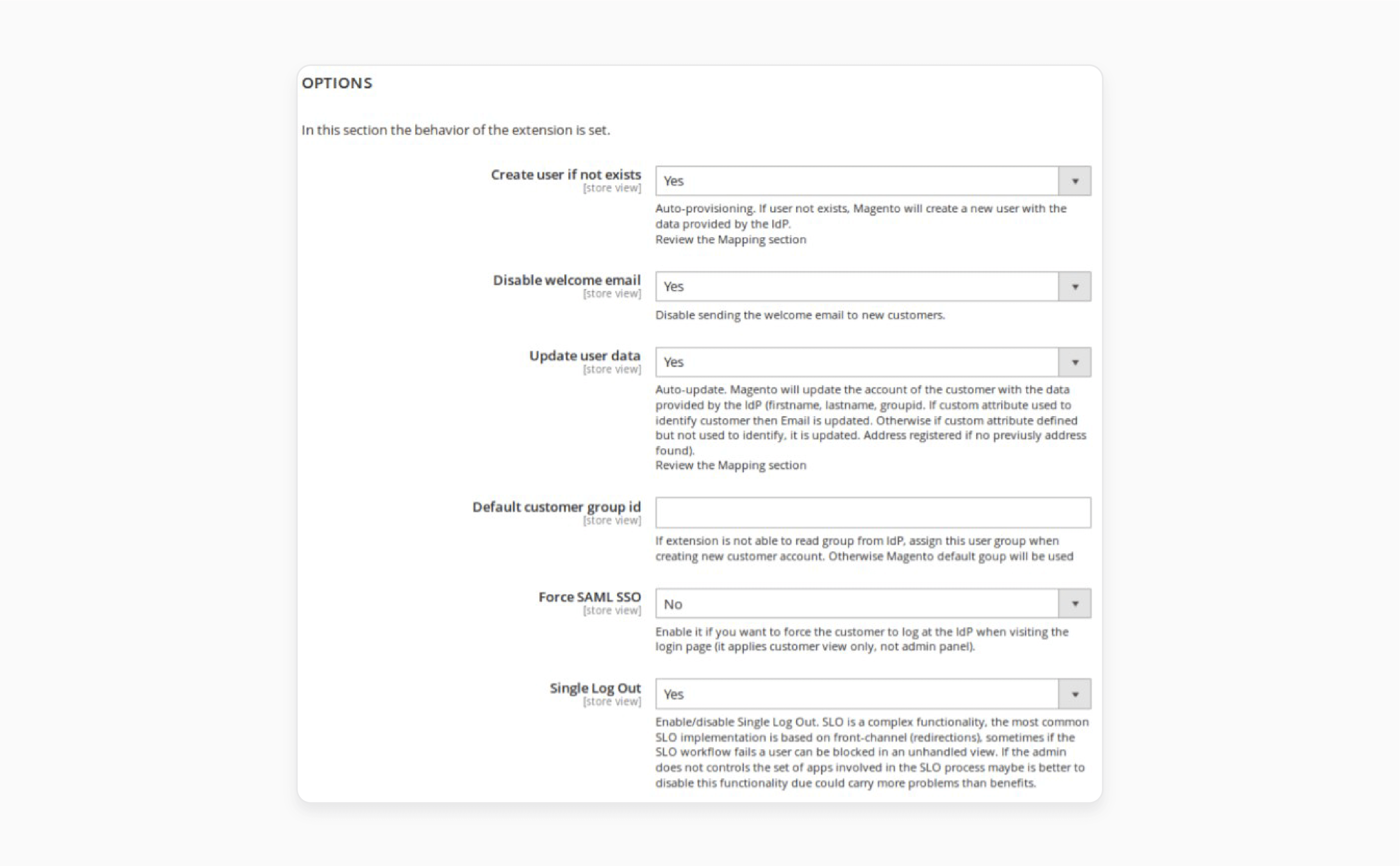 options configuration for Magento 2 Single Sign-On including user creation and email settings