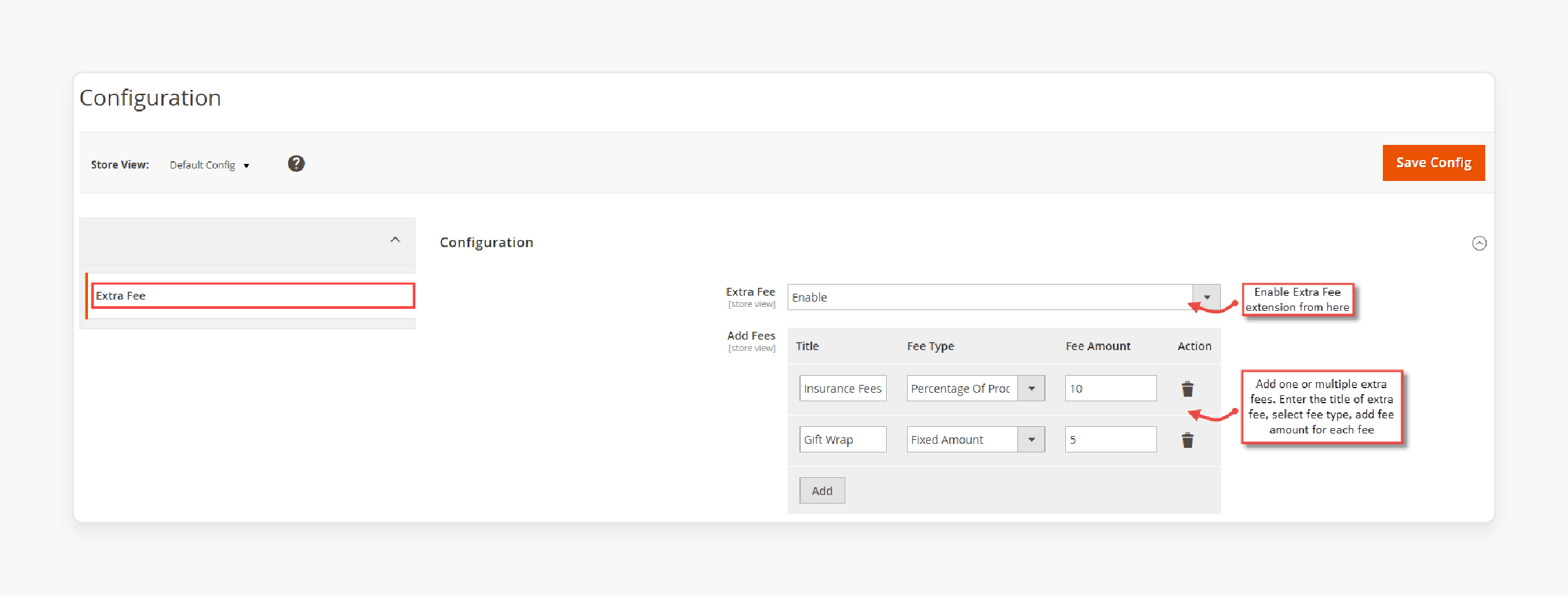 Magento 2 Extra Fee extension configuration panel for setting up fixed and percentage-based fees