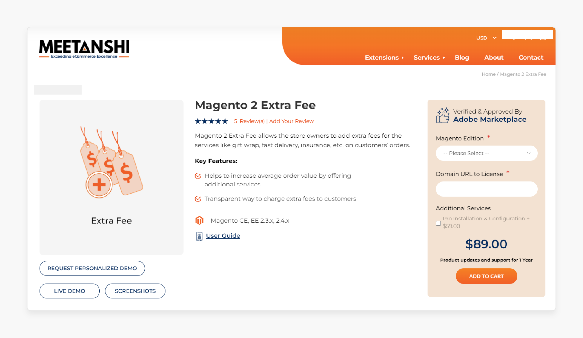 Magento 2 extra fee module by Meetanshi for applying extra fees for expedited delivery and insurance