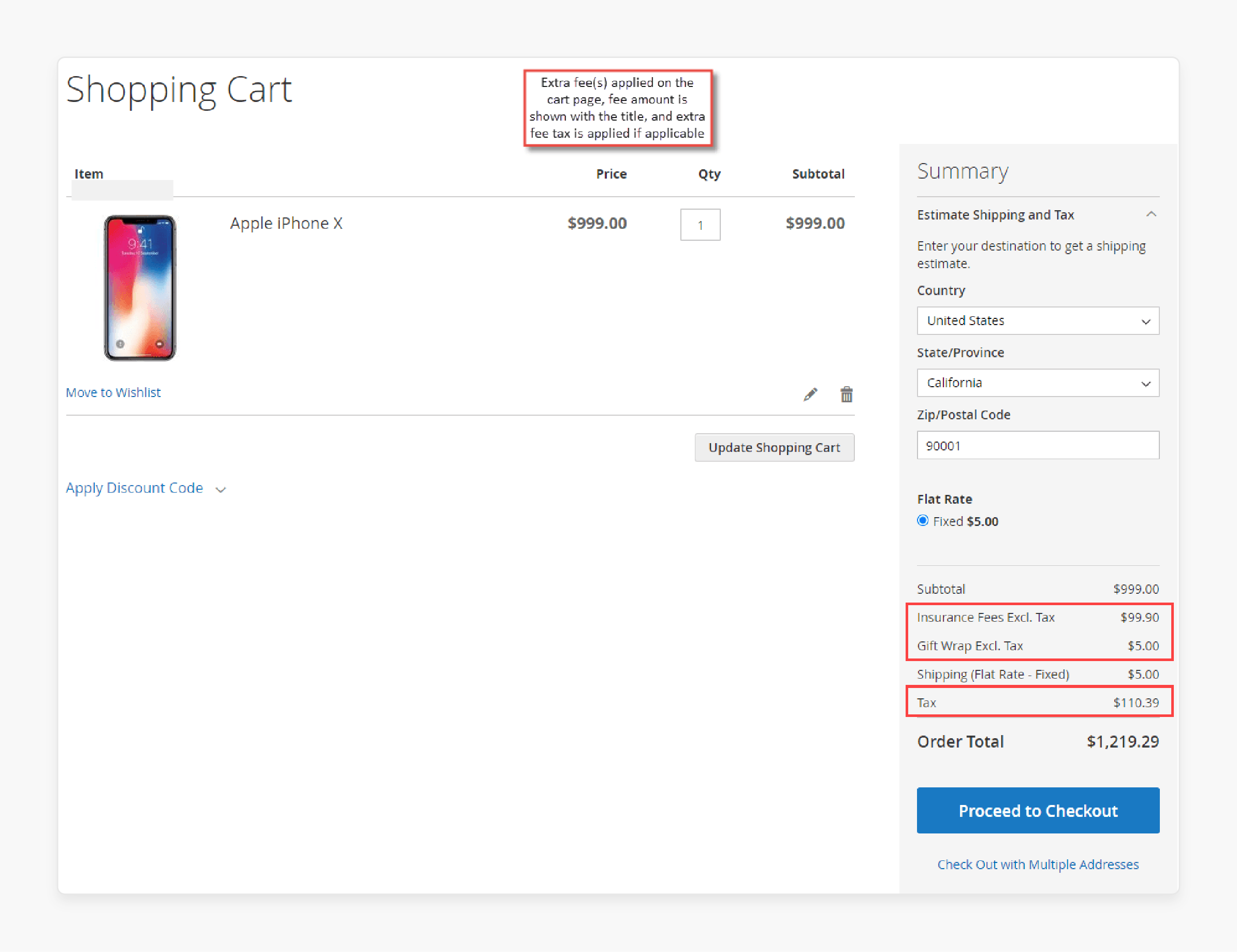 Magento 2 Extra Fee extension checkout page displaying insurance and gift wrap fees