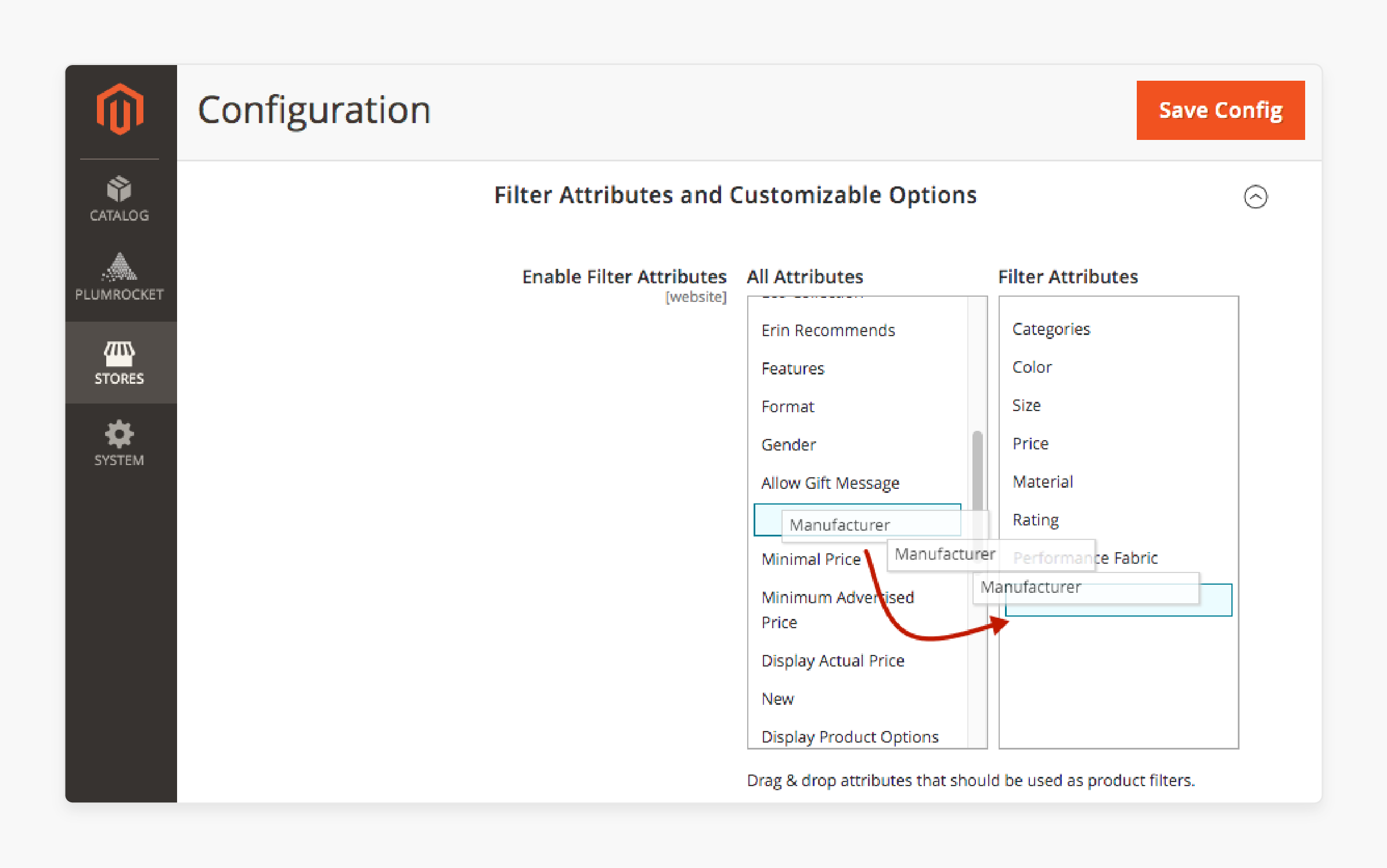 dragging and dropping attributes in Magento 2 to configure filterable options in the admin panel