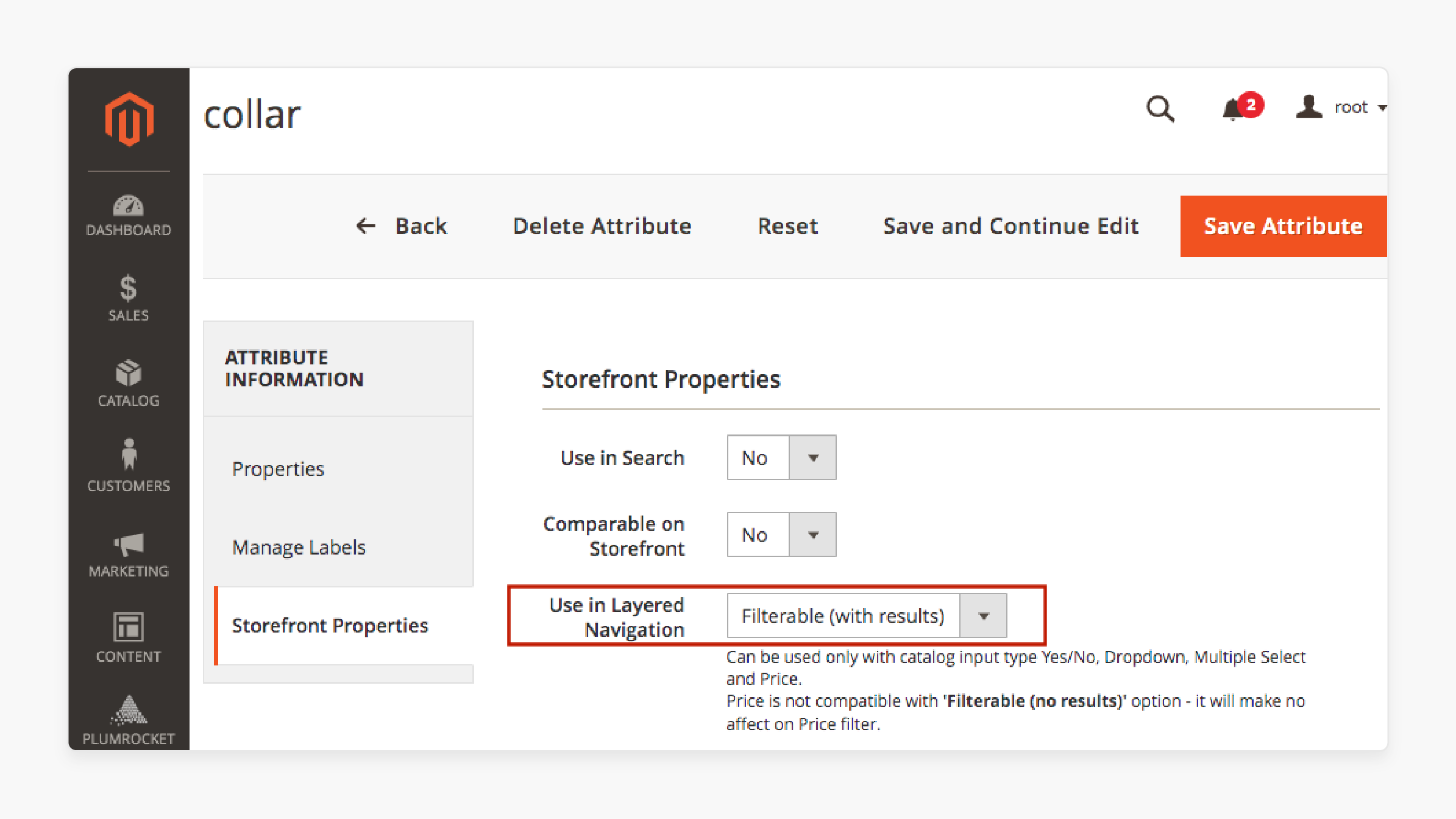 detailed configuration for setting up filterable product attributes by category in Magento 2