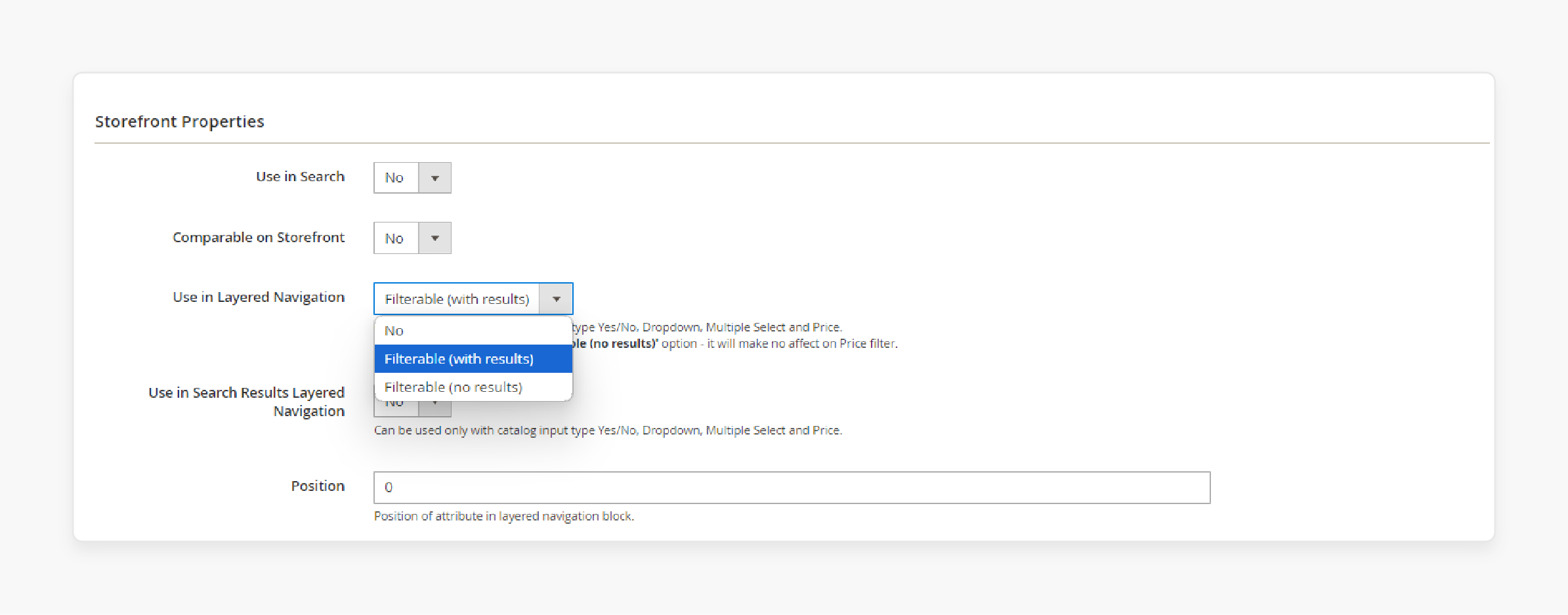 Magento 2 settings for attribute configuration in layered navigation