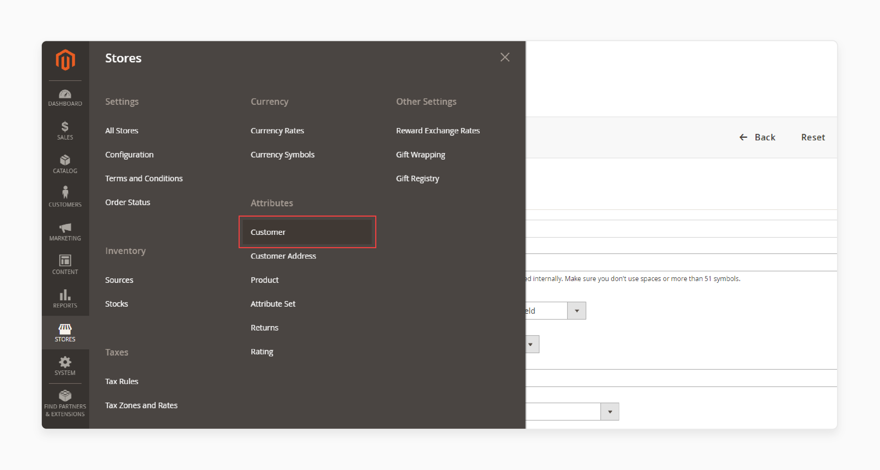 navigate to customer attributes in Magento 2 admin panel