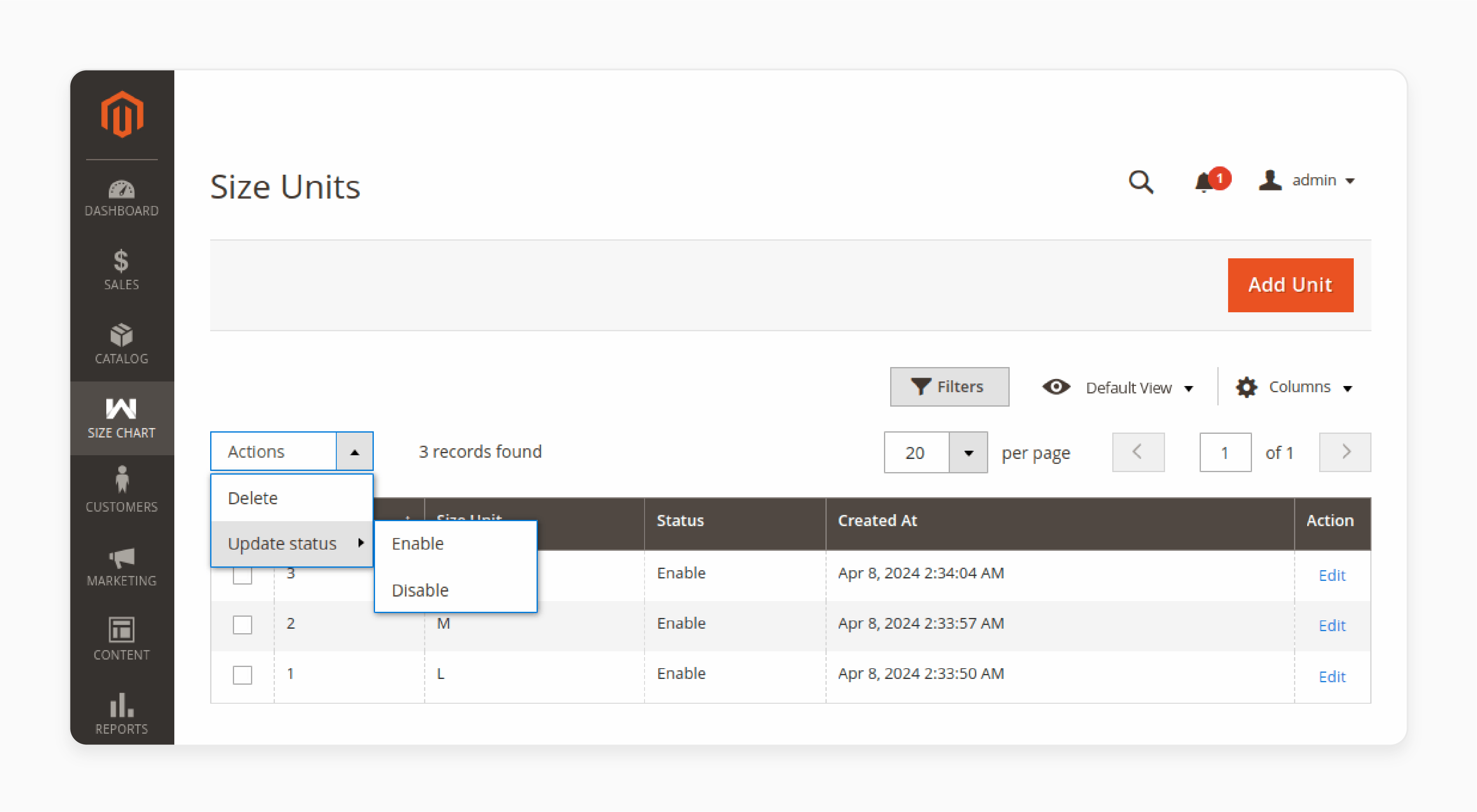 Size Unit Creation: Set the status as enabled or disabled