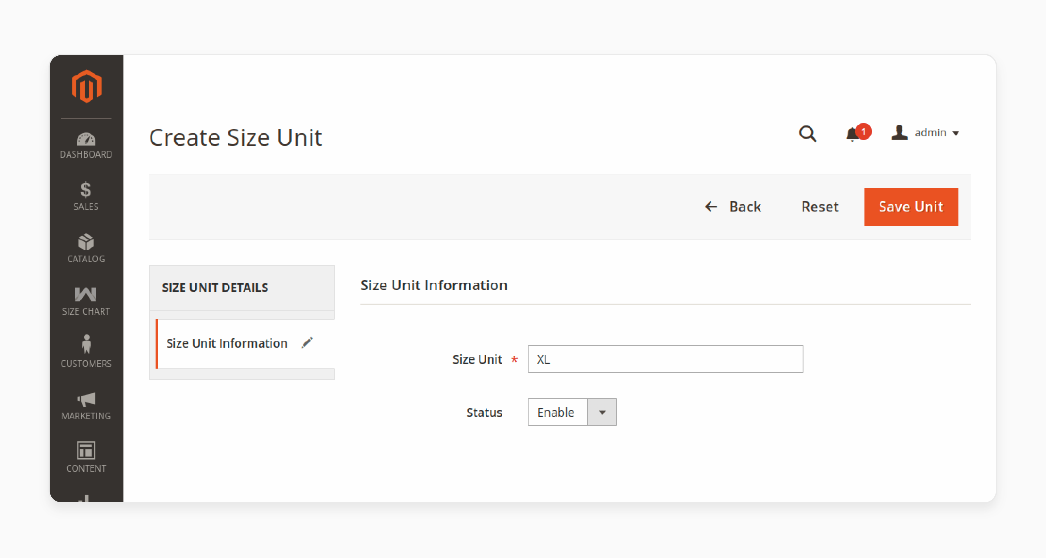 Size Unit Creation: Enter the size unit information