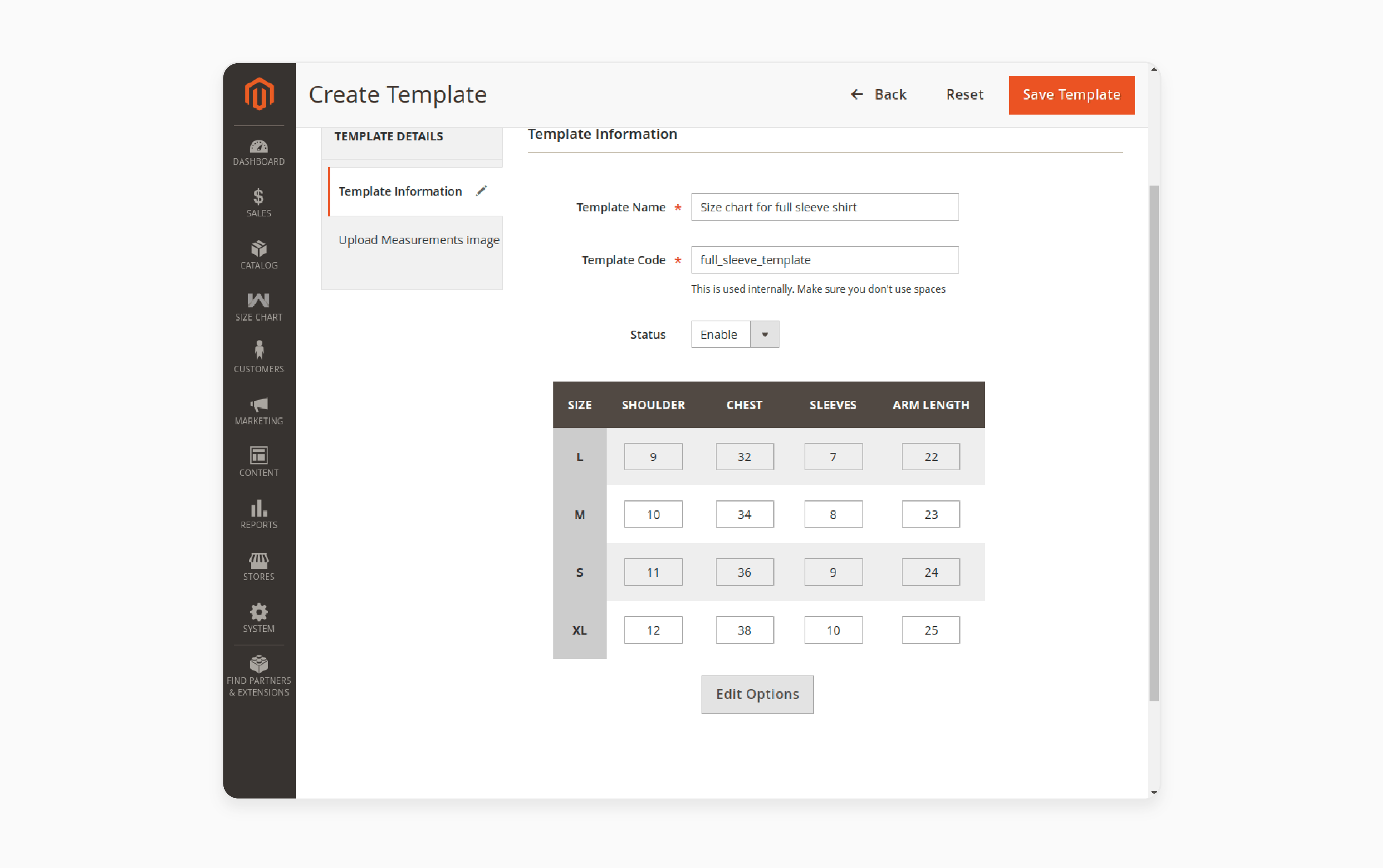 Size Chart Template Creation: Enter values for the available sizes