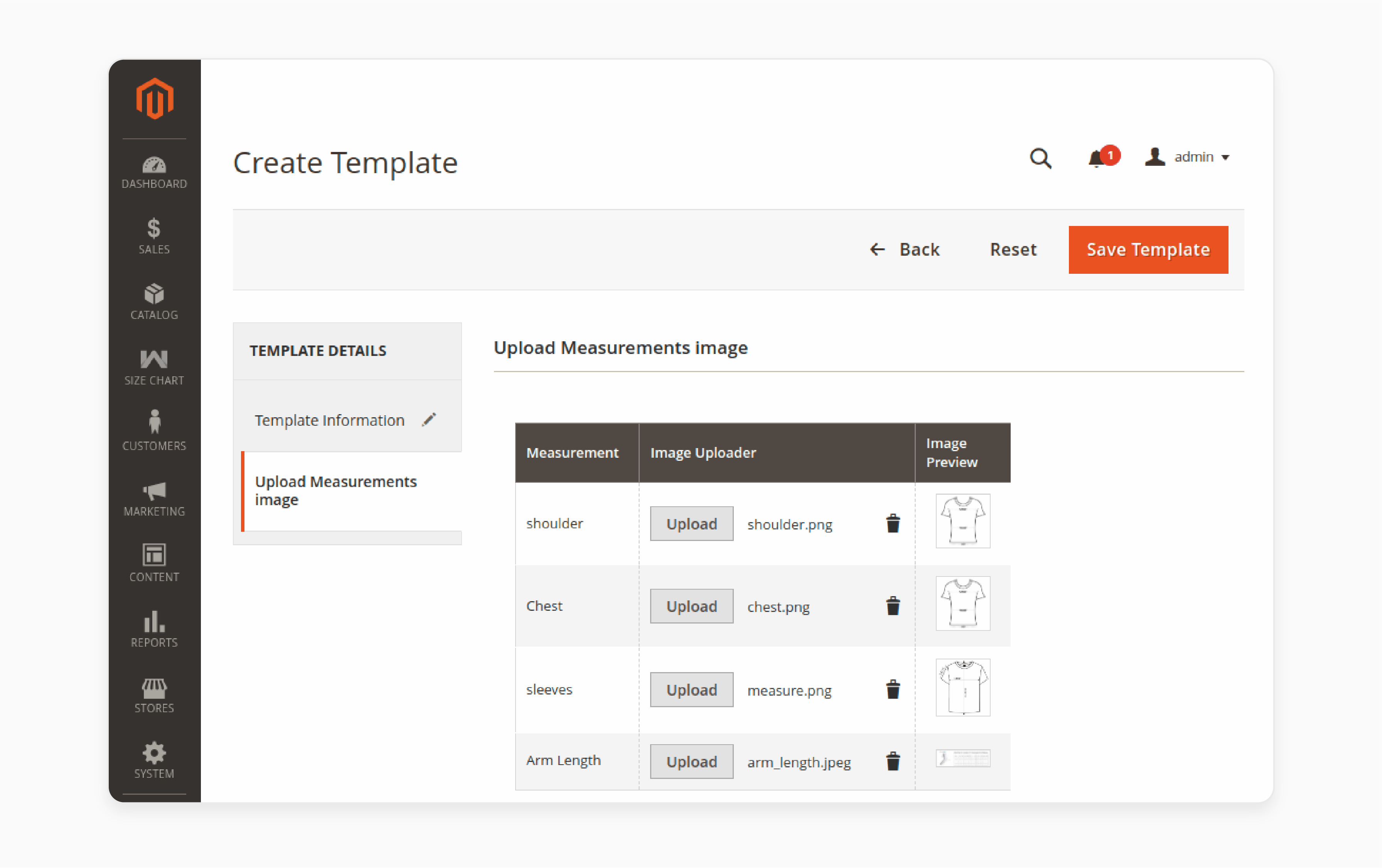 Size Chart Template Creation: Upload measurement images as required