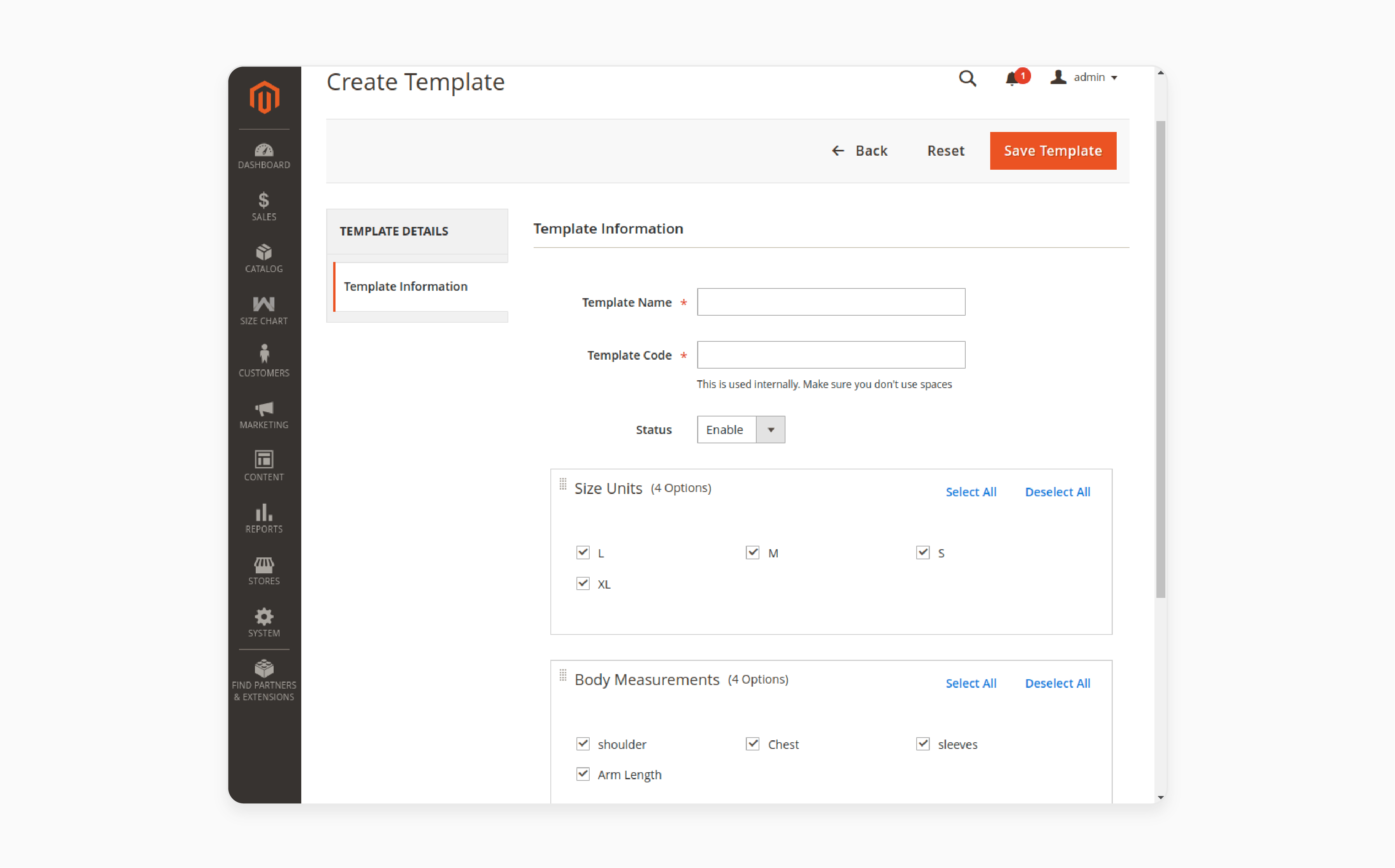 Size Chart Template Creation: Click the Add Template button