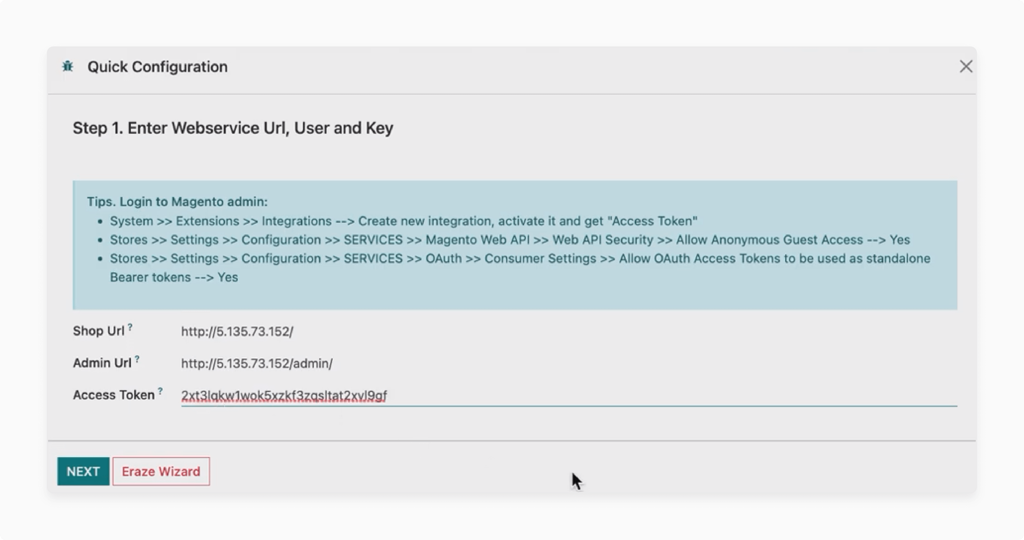 quick configuration of Magento Webservice URL, user, and key for Odoo integration