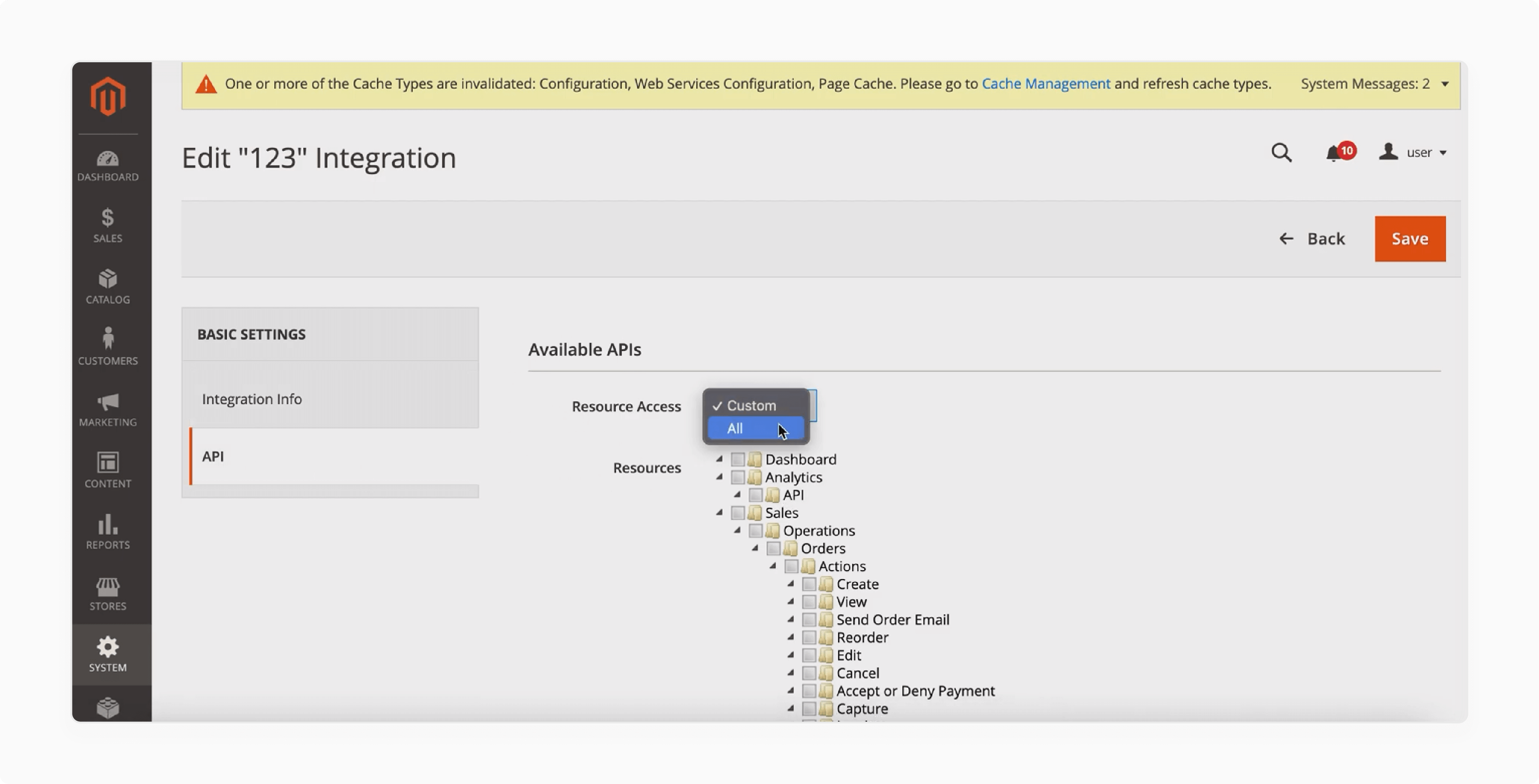 API resource access settings in Magento for Odoo integration configuration