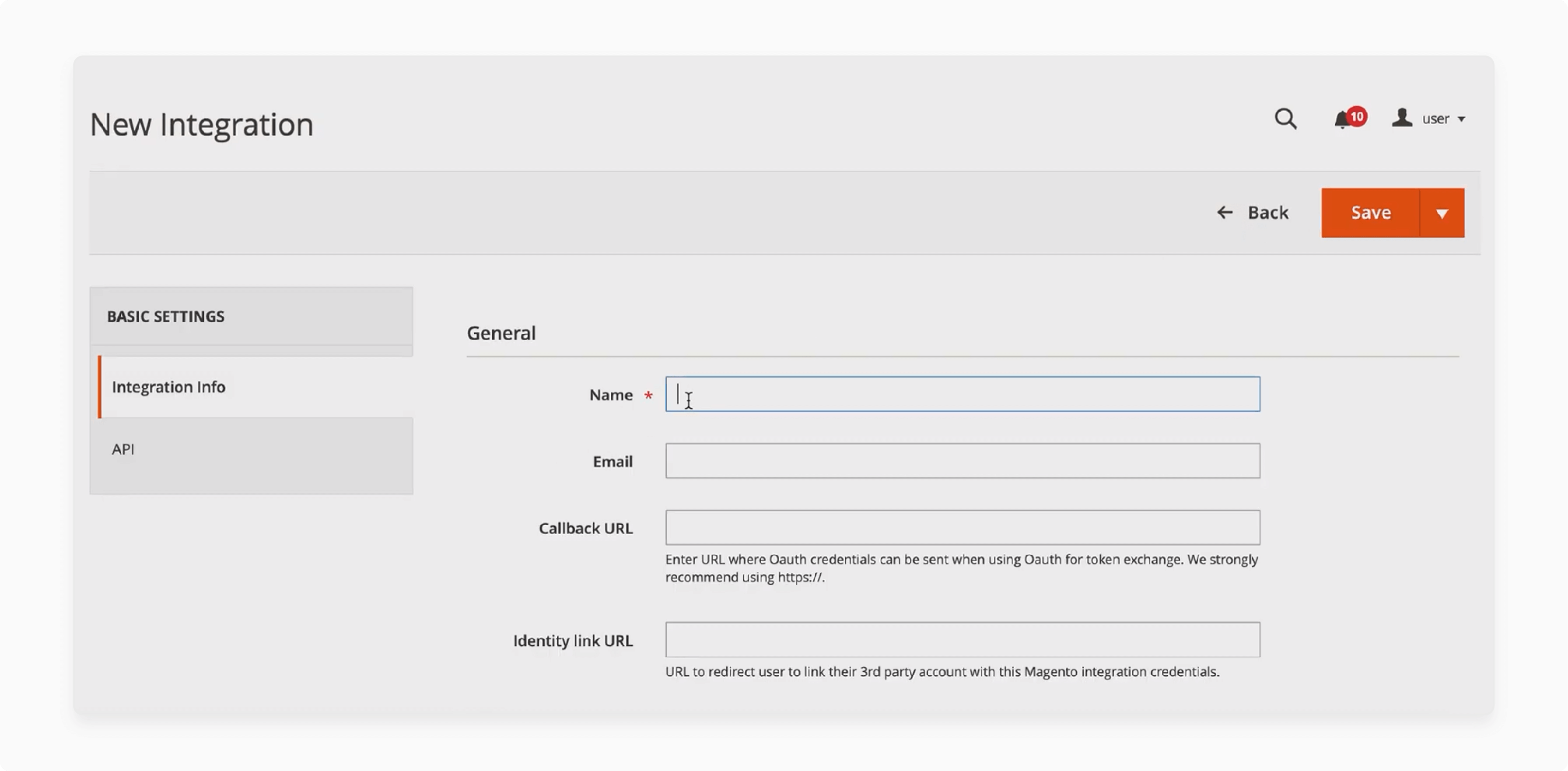 Magento integration details screen showing consumer key, consumer secret, and access token for API setup