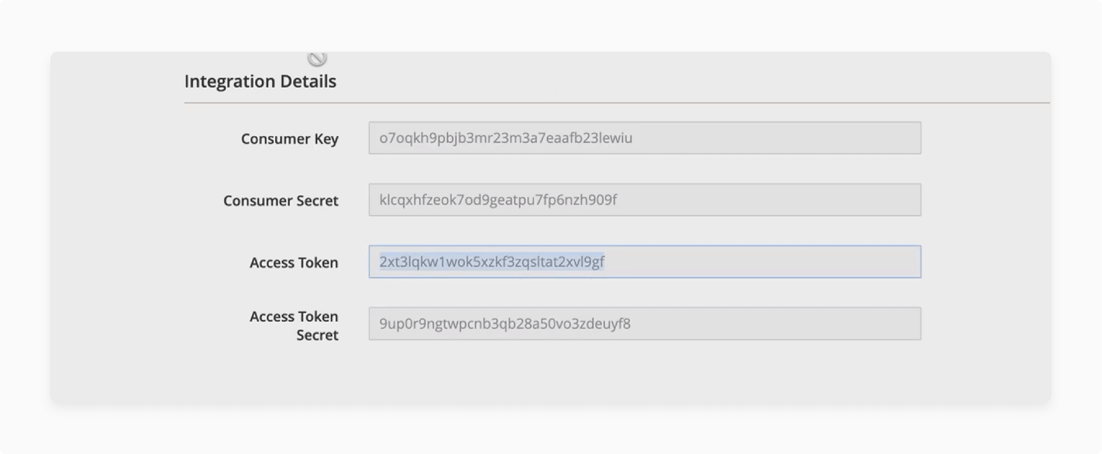 Magento integration details screen showing consumer key, consumer secret, and access token for API setup