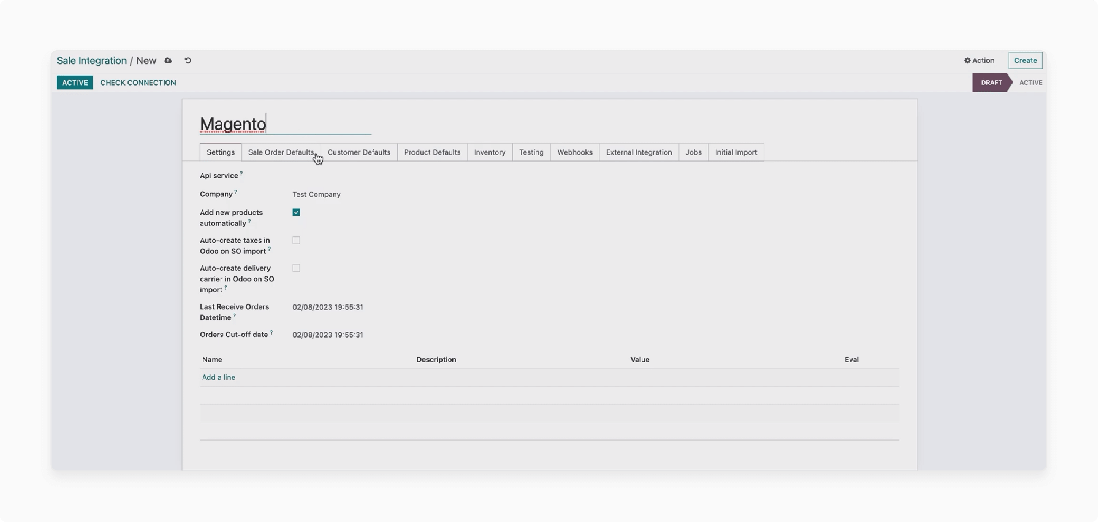 Odoo Magento configuration settings including sale order defaults and product defaults