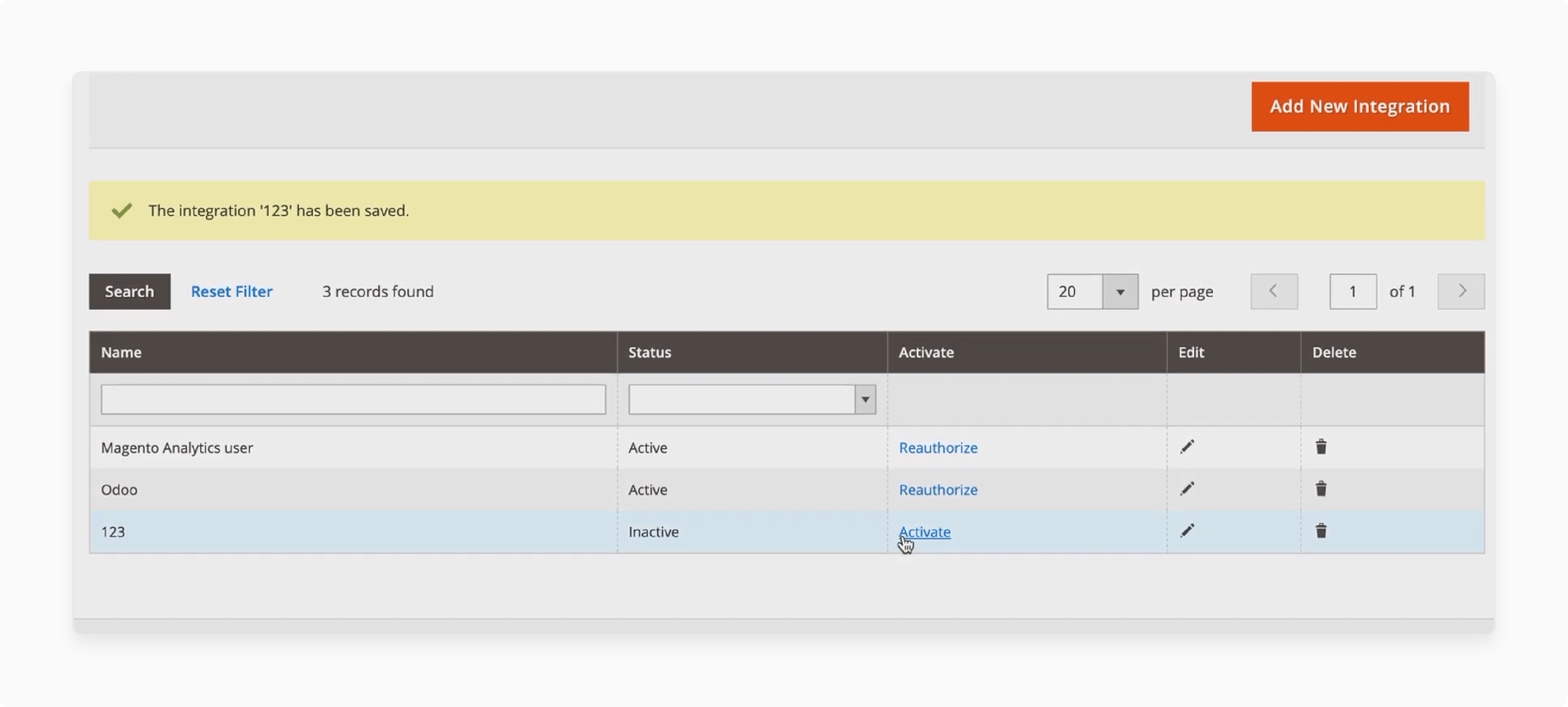 Activation screen for Magento integration showing active and inactive statuses