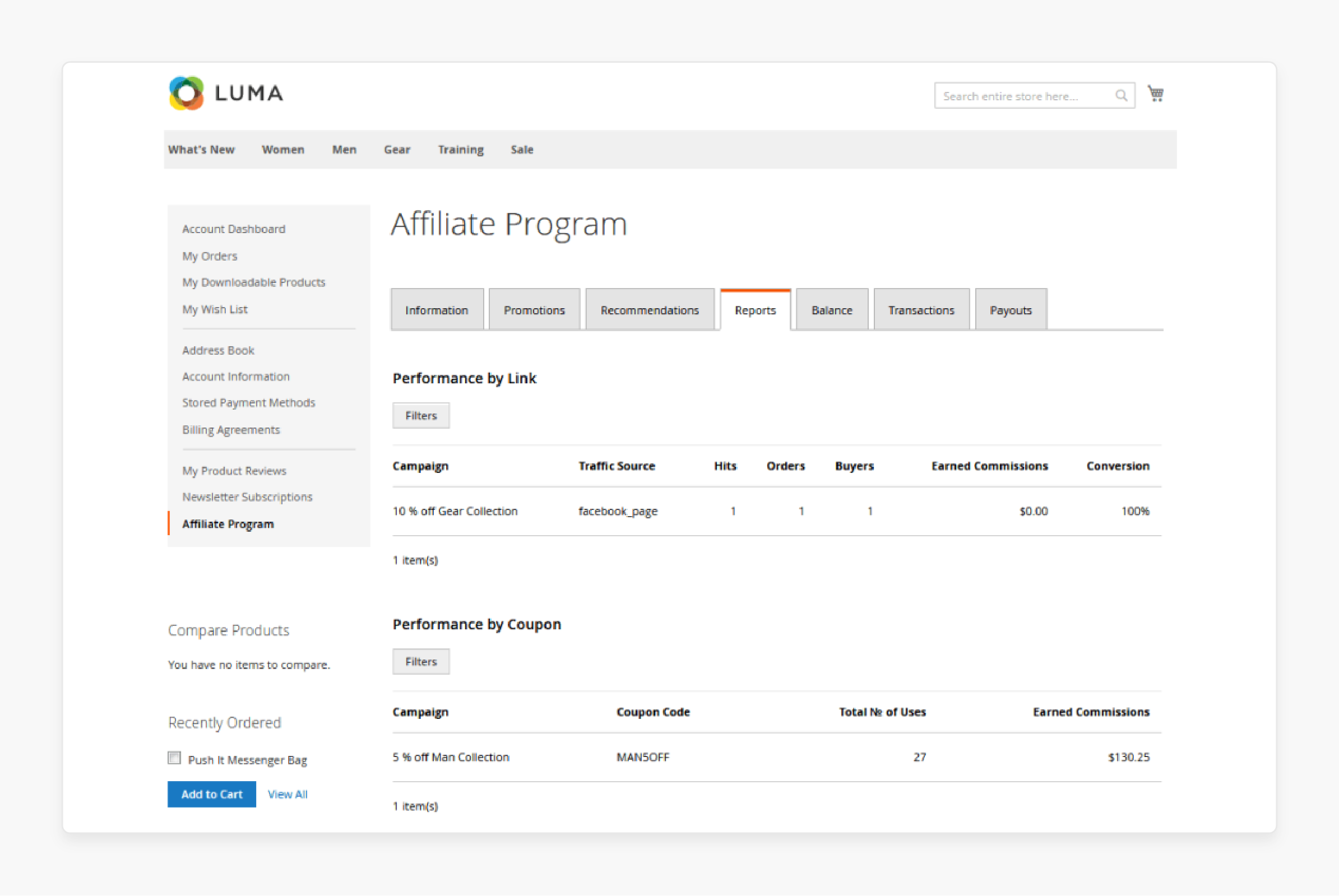 affiliate performance dashboard in Magento 2 showing key metrics like clicks and commissions