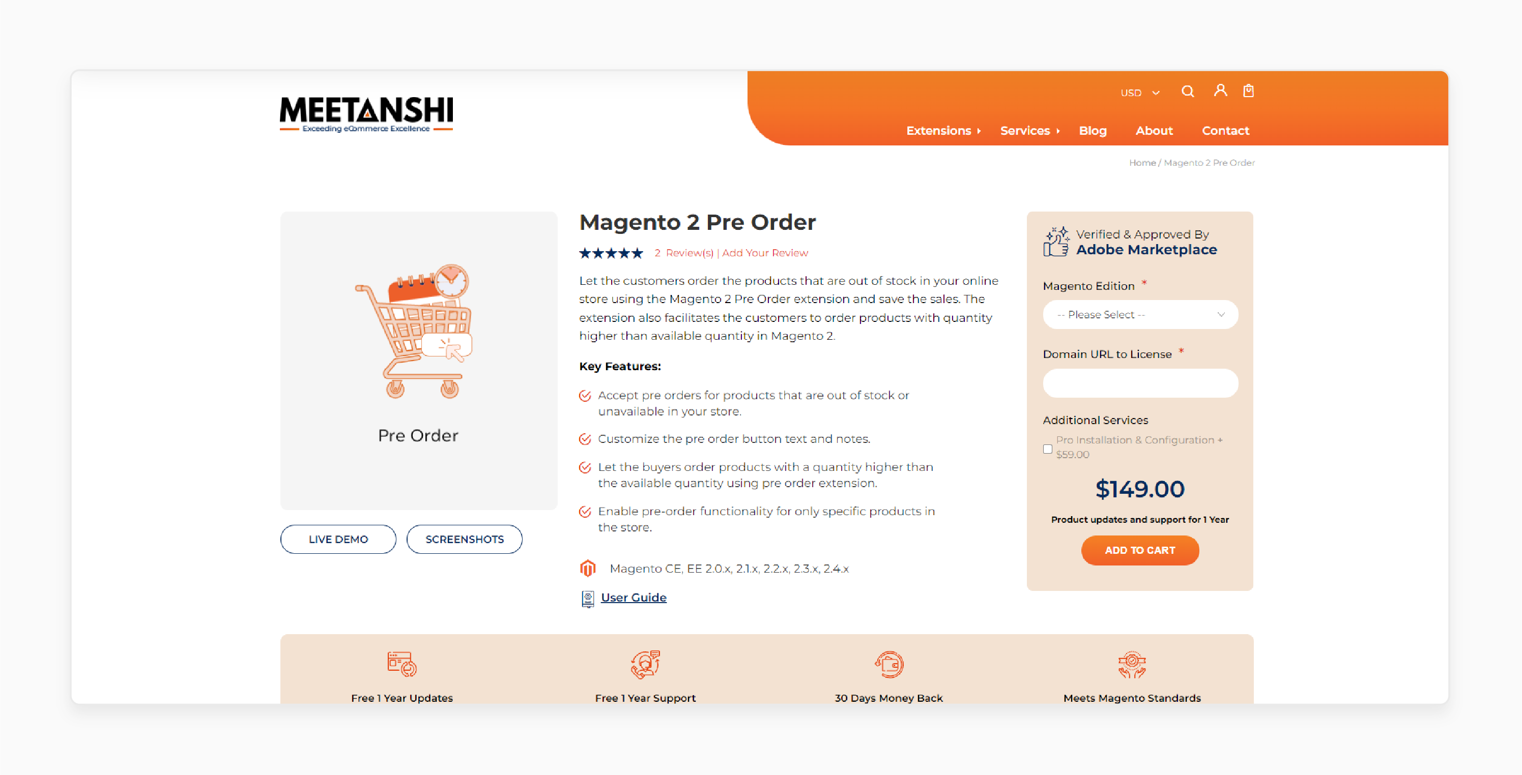 Meetanshi Magento 2 pre-order extension to allow pre-orders for unavailable products