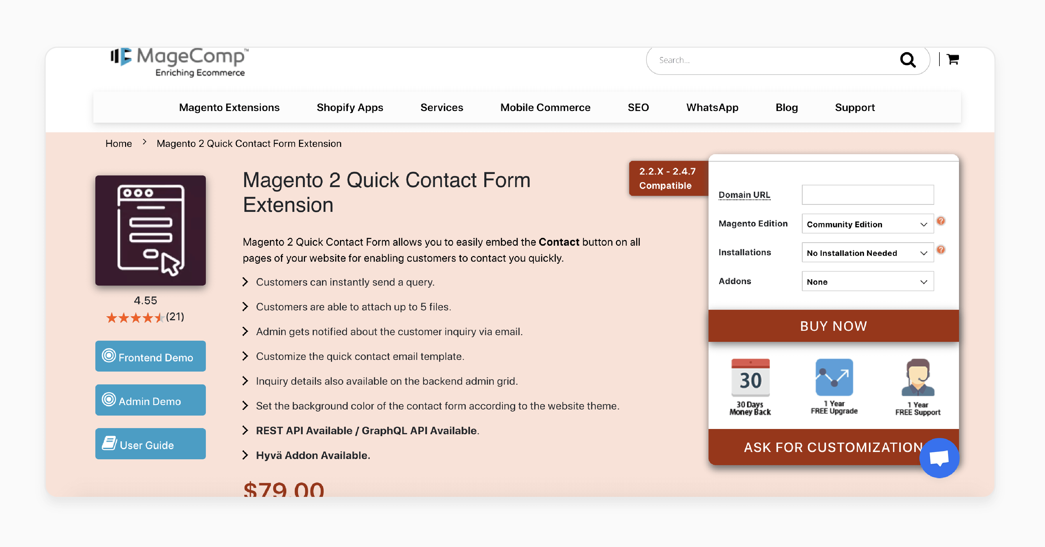 Magento 2 quick contact form extension by MageComp with file attachment and email notifications