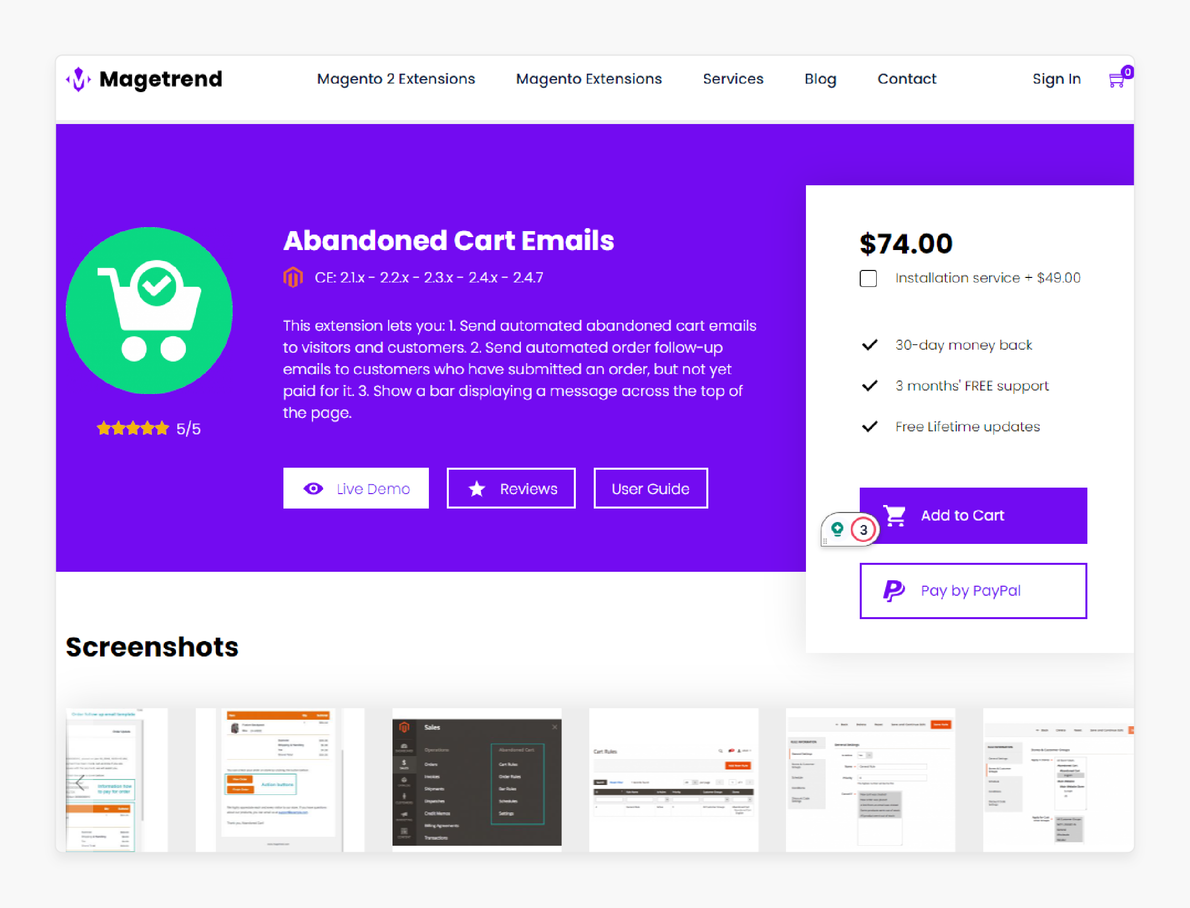 Magento 2 abandoned cart extension by Magetrend with automated email options