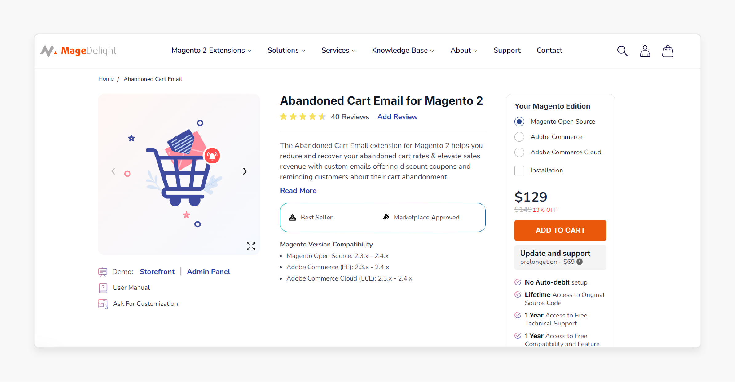 Magento dashboard by MageDelight displaying abandoned cart email details and applied coupons